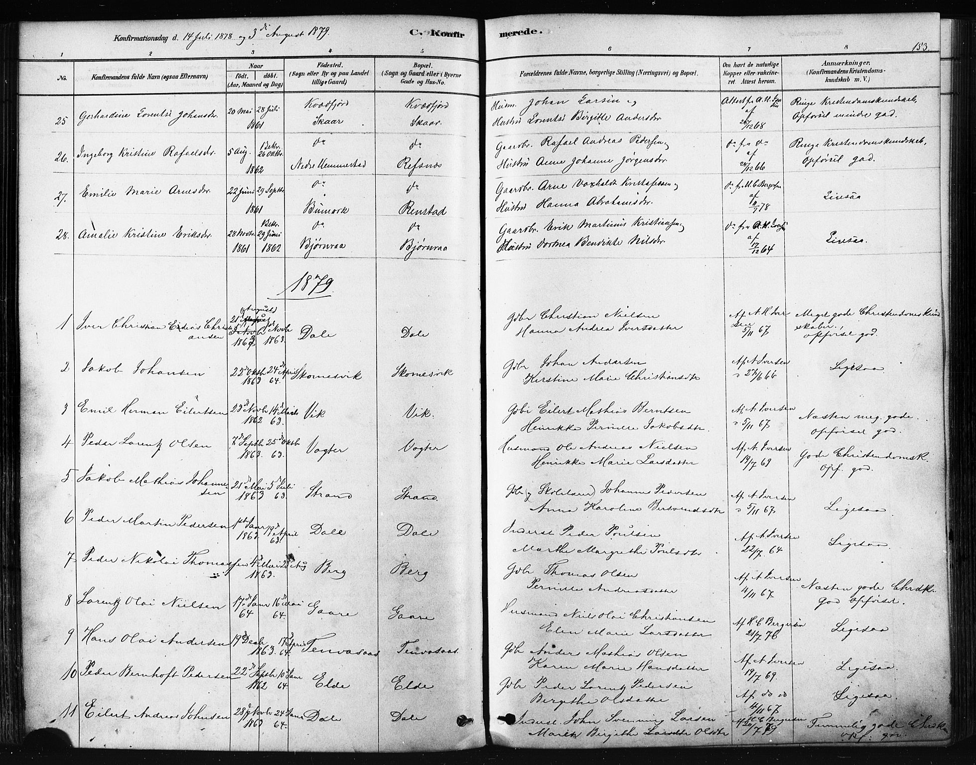 Kvæfjord sokneprestkontor, SATØ/S-1323/G/Ga/Gaa/L0005kirke: Parish register (official) no. 5, 1878-1894, p. 153
