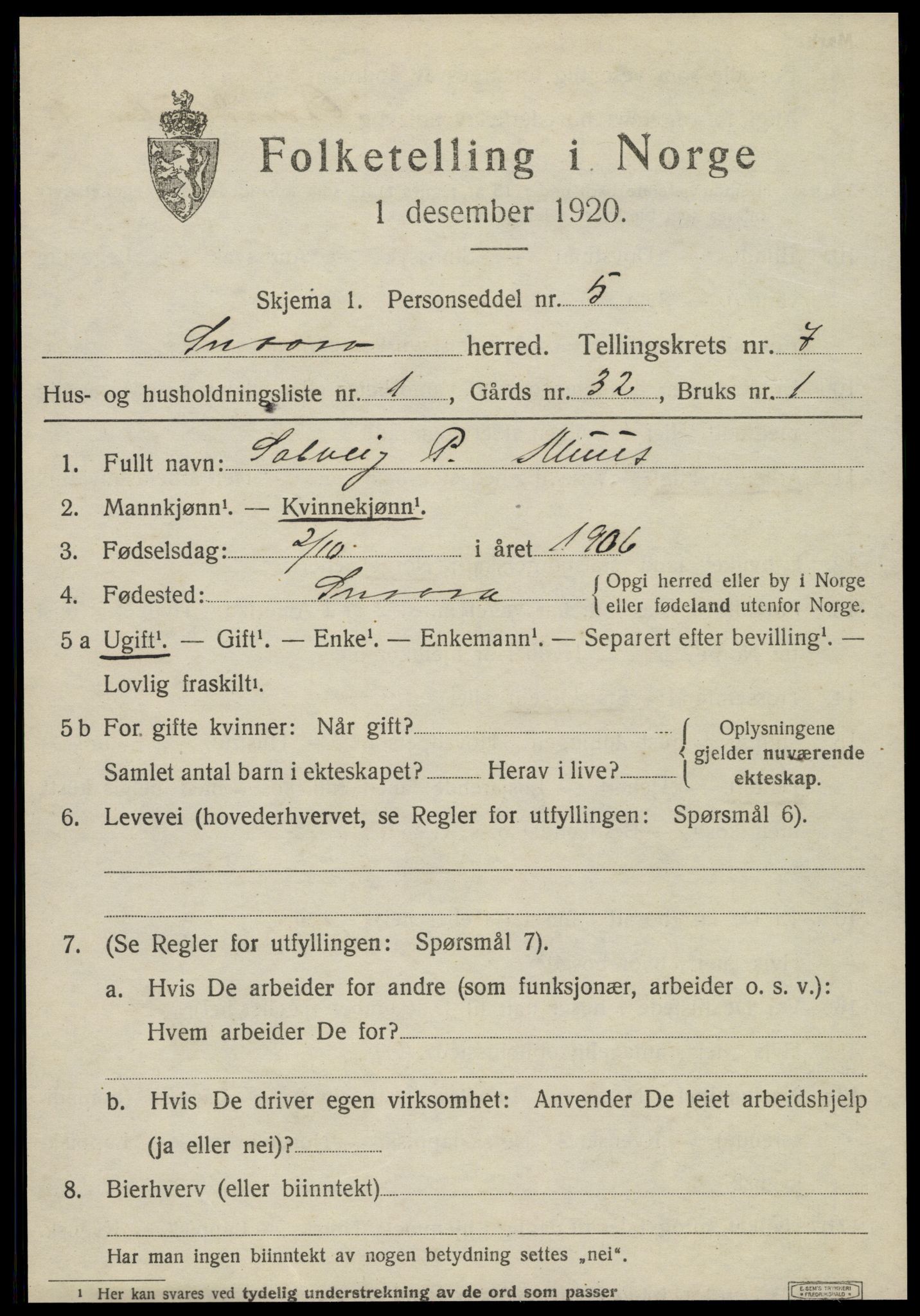SAT, 1920 census for Snåsa, 1920, p. 2942