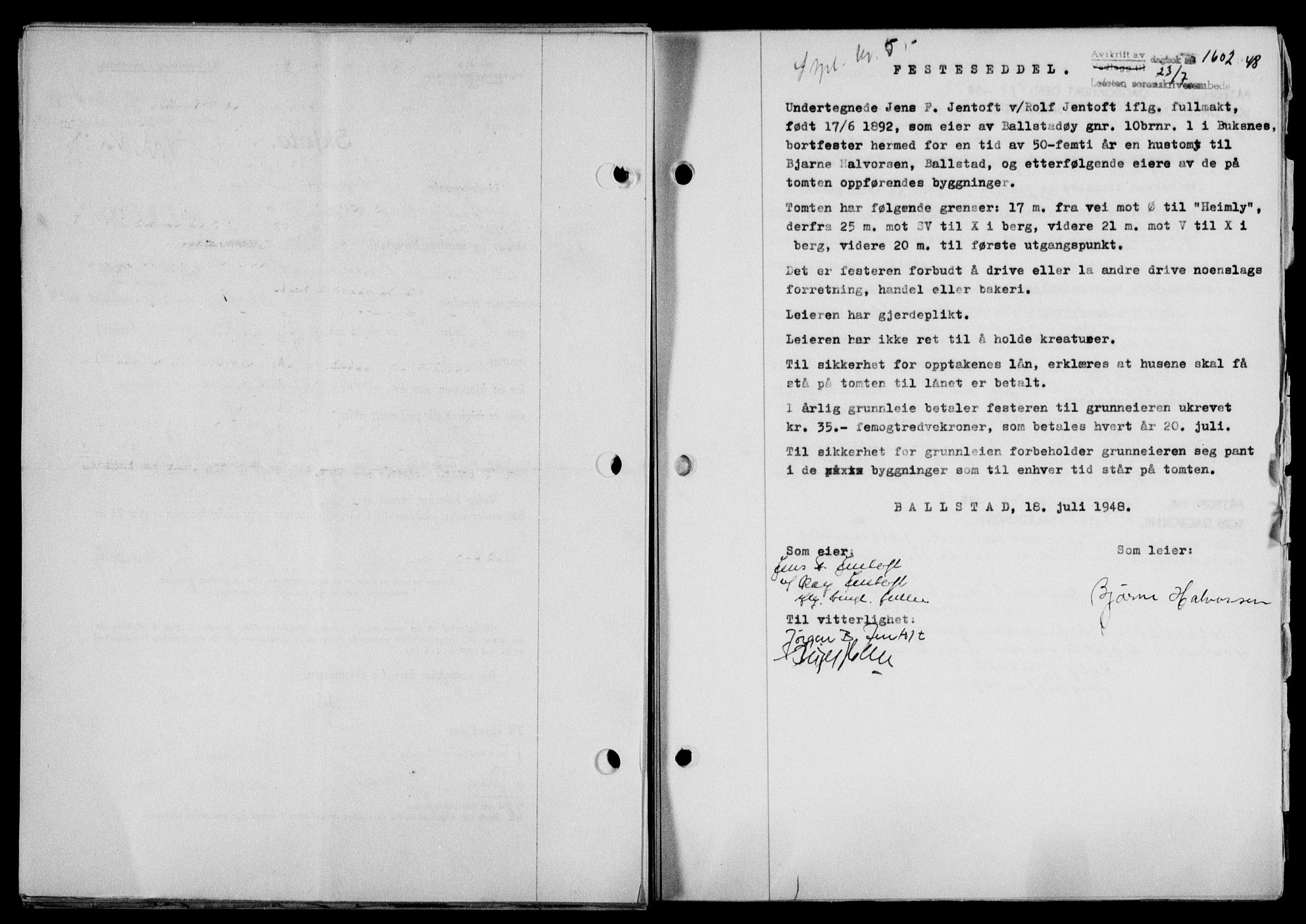 Lofoten sorenskriveri, SAT/A-0017/1/2/2C/L0018a: Mortgage book no. 18a, 1948-1948, Diary no: : 1602/1948