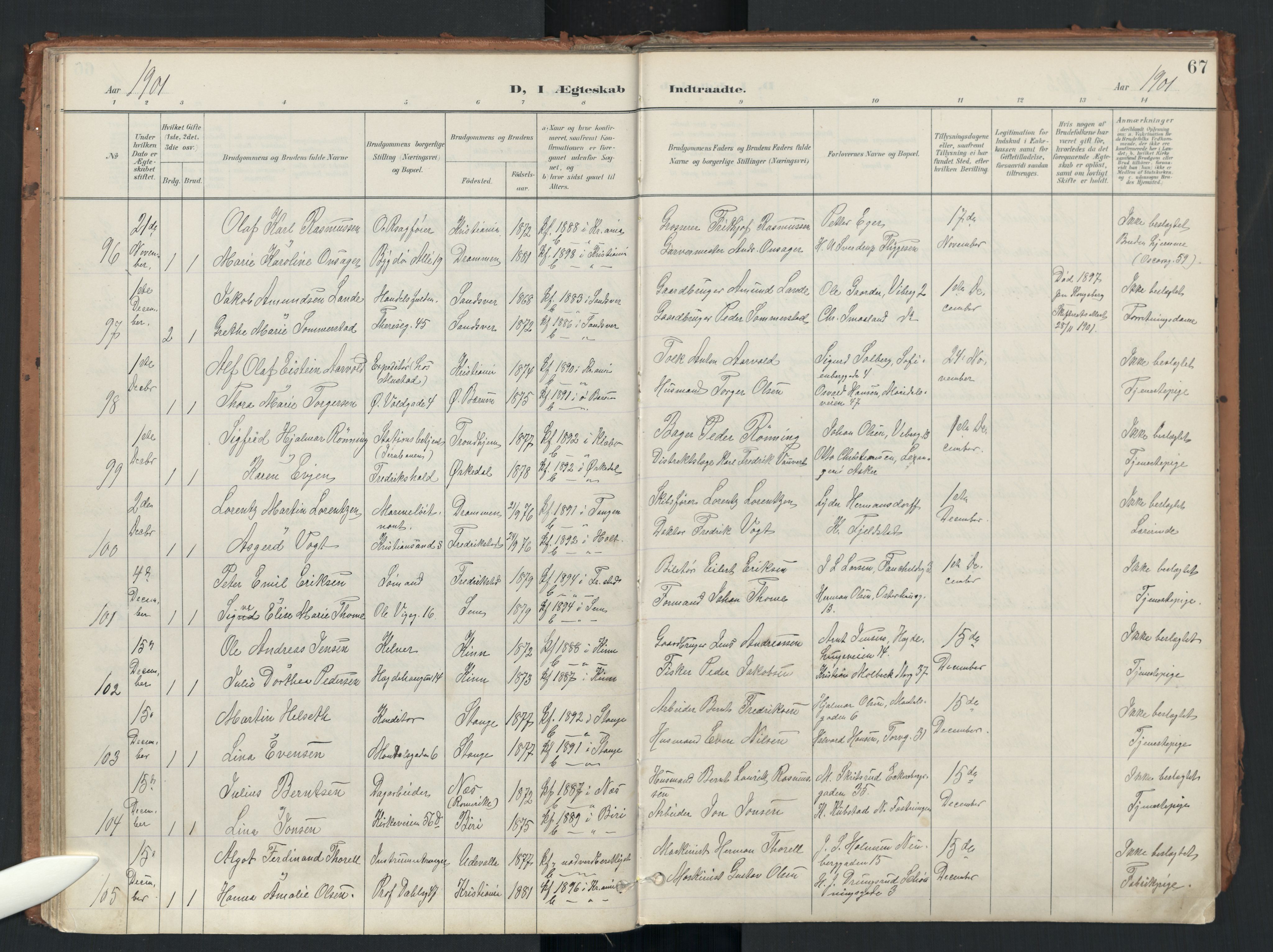 Uranienborg prestekontor Kirkebøker, SAO/A-10877/F/Fa/L0007: Parish register (official) no. 7, 1896-1914, p. 67