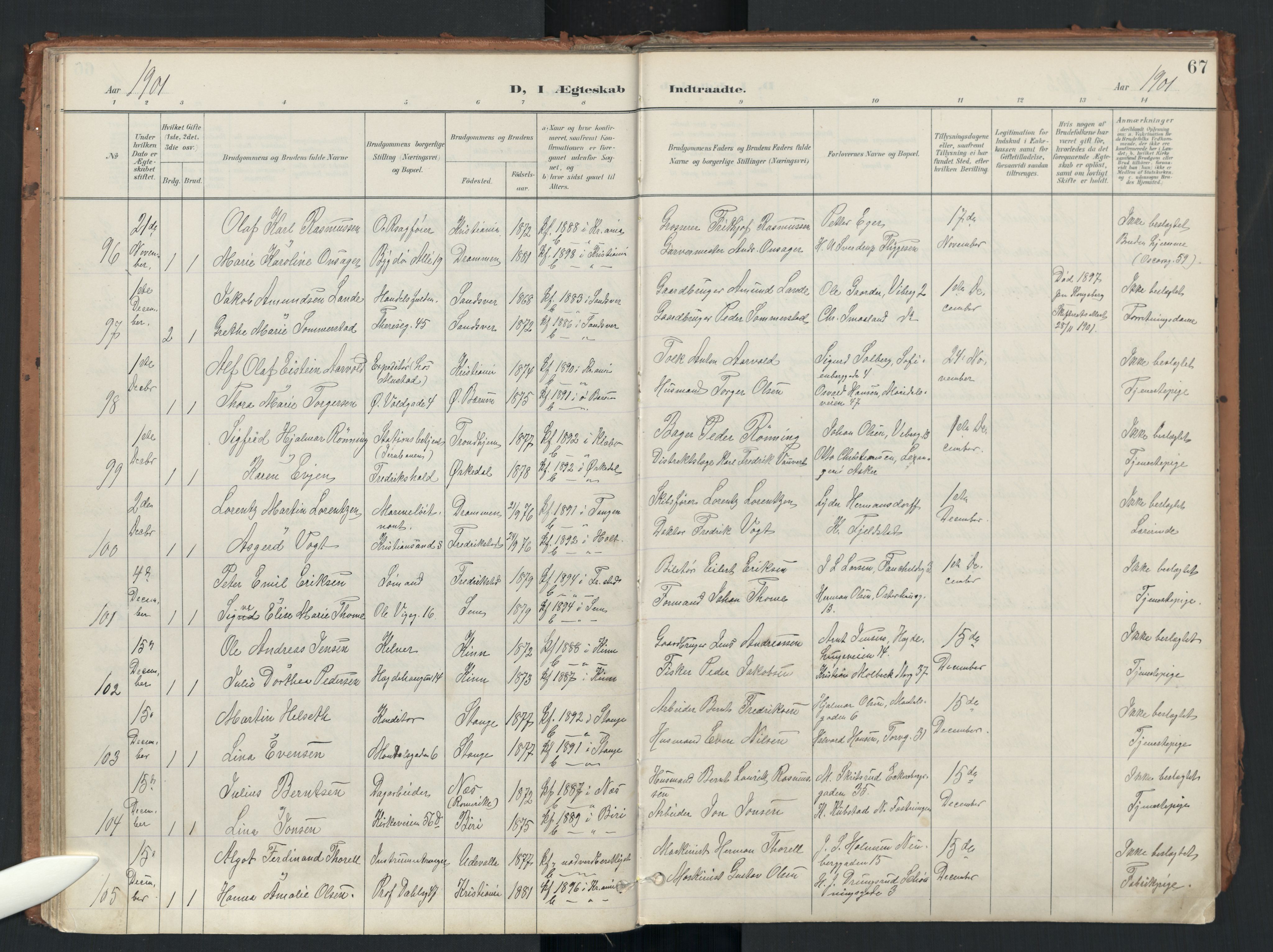 Uranienborg prestekontor Kirkebøker, AV/SAO-A-10877/F/Fa/L0007: Parish register (official) no. I 7, 1896-1914, p. 67