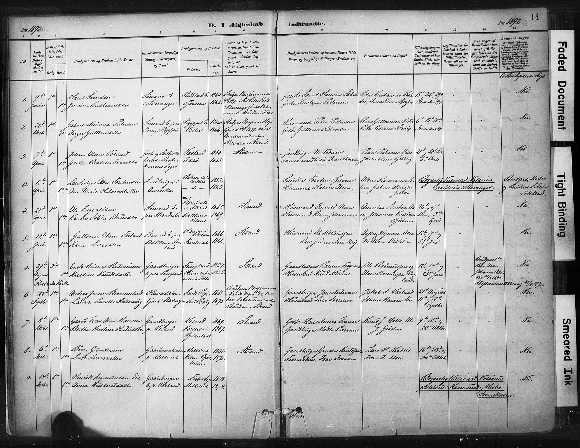 Strand sokneprestkontor, SAST/A-101828/H/Ha/Haa/L0010: Parish register (official) no. A 10, 1882-1929, p. 14