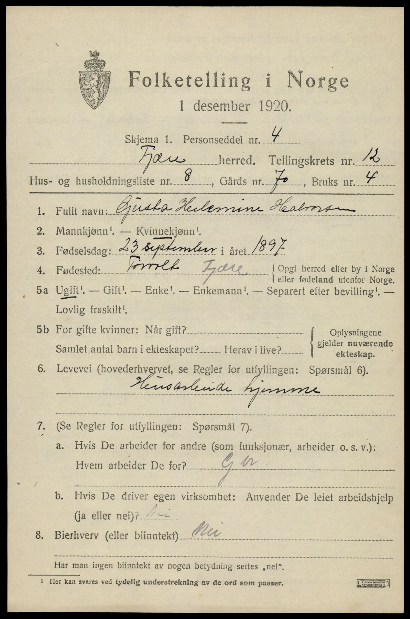 SAK, 1920 census for Fjære, 1920, p. 12253