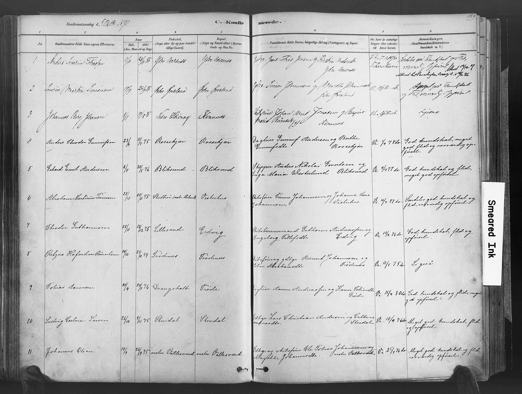 Høvåg sokneprestkontor, SAK/1111-0025/F/Fa/L0005: Parish register (official) no. A 5, 1878-1893, p. 159