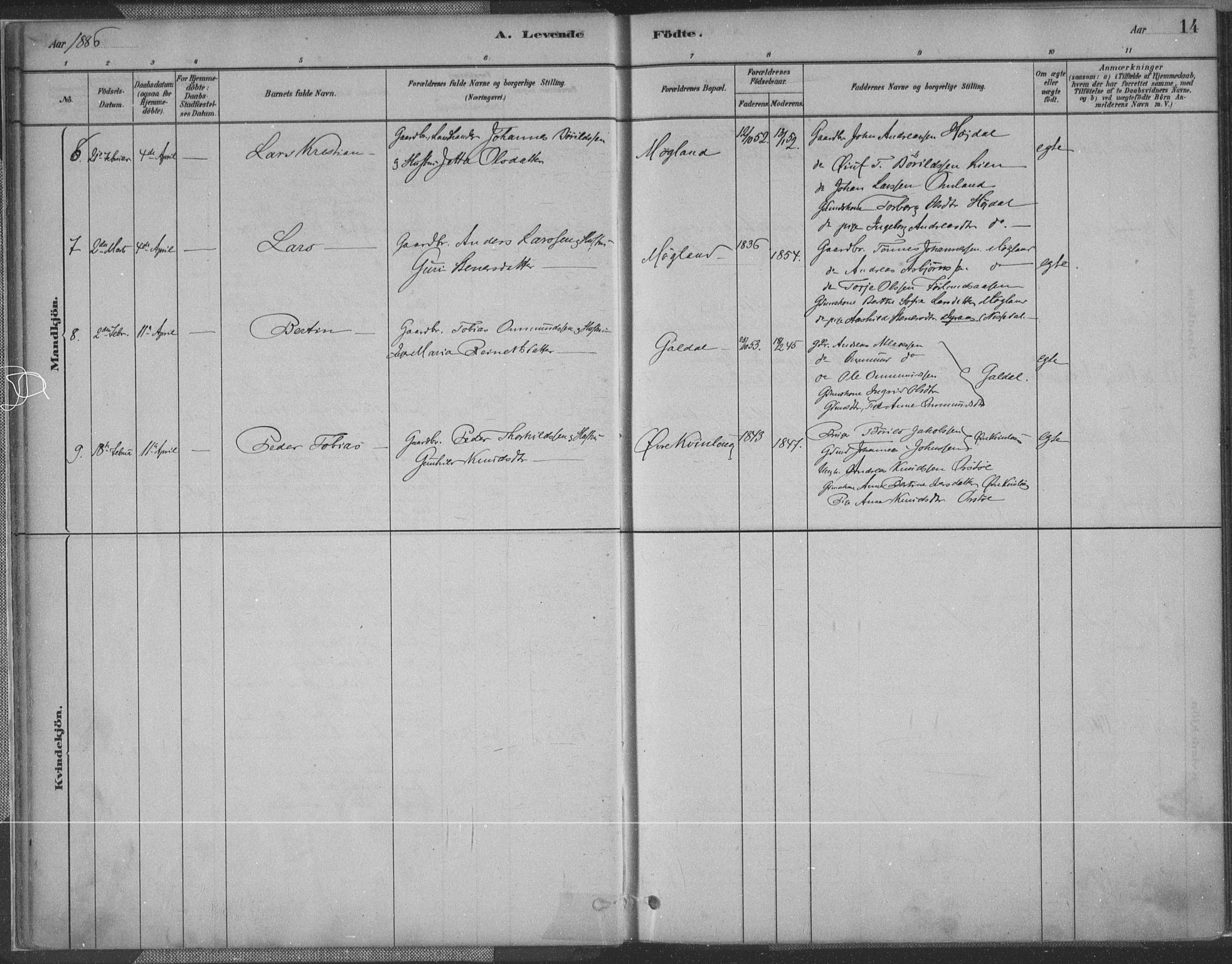 Fjotland sokneprestkontor, AV/SAK-1111-0010/F/Fa/L0002: Parish register (official) no. A 2, 1880-1898, p. 14