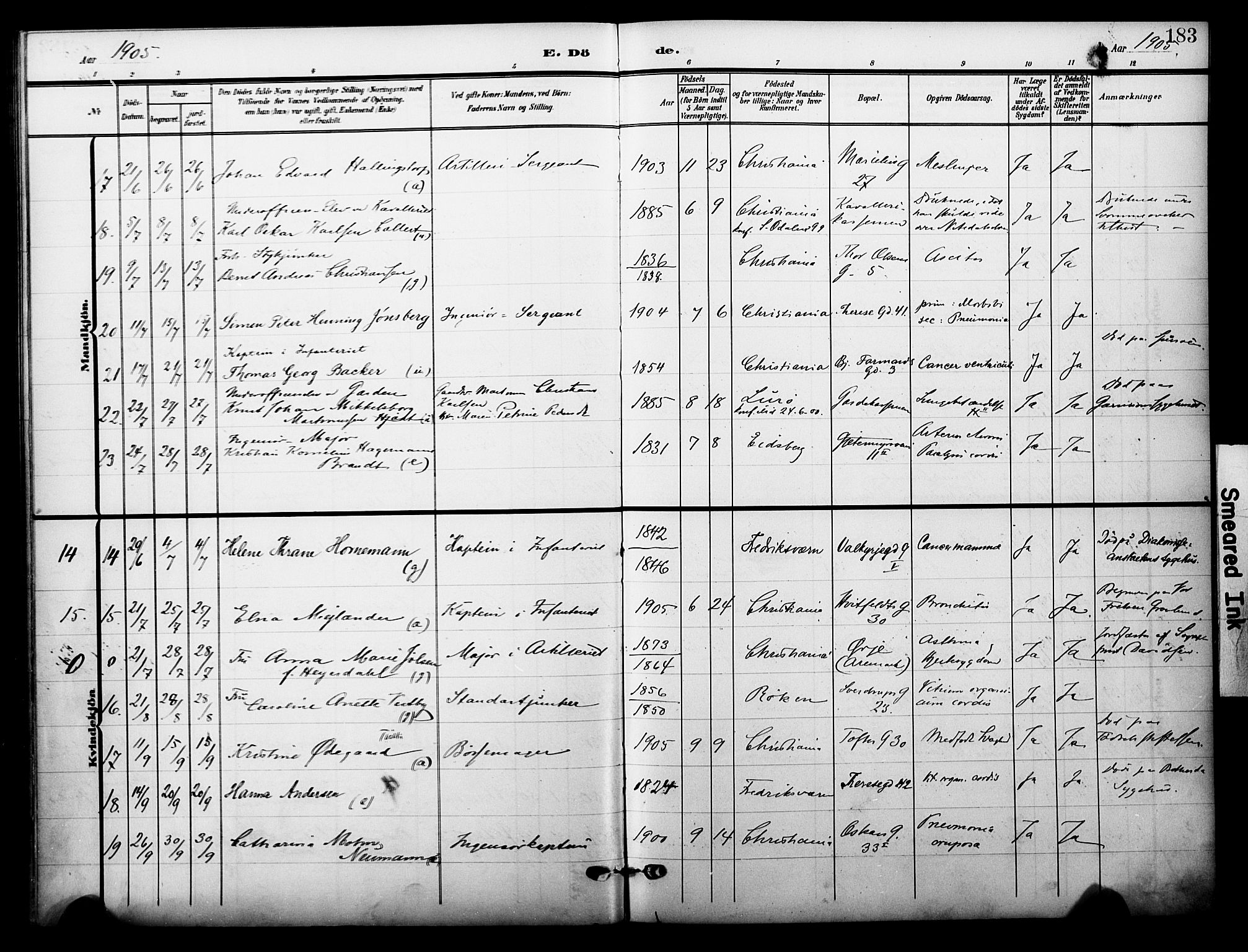 Garnisonsmenigheten Kirkebøker, SAO/A-10846/F/Fa/L0014: Parish register (official) no. 14, 1905-1914, p. 183