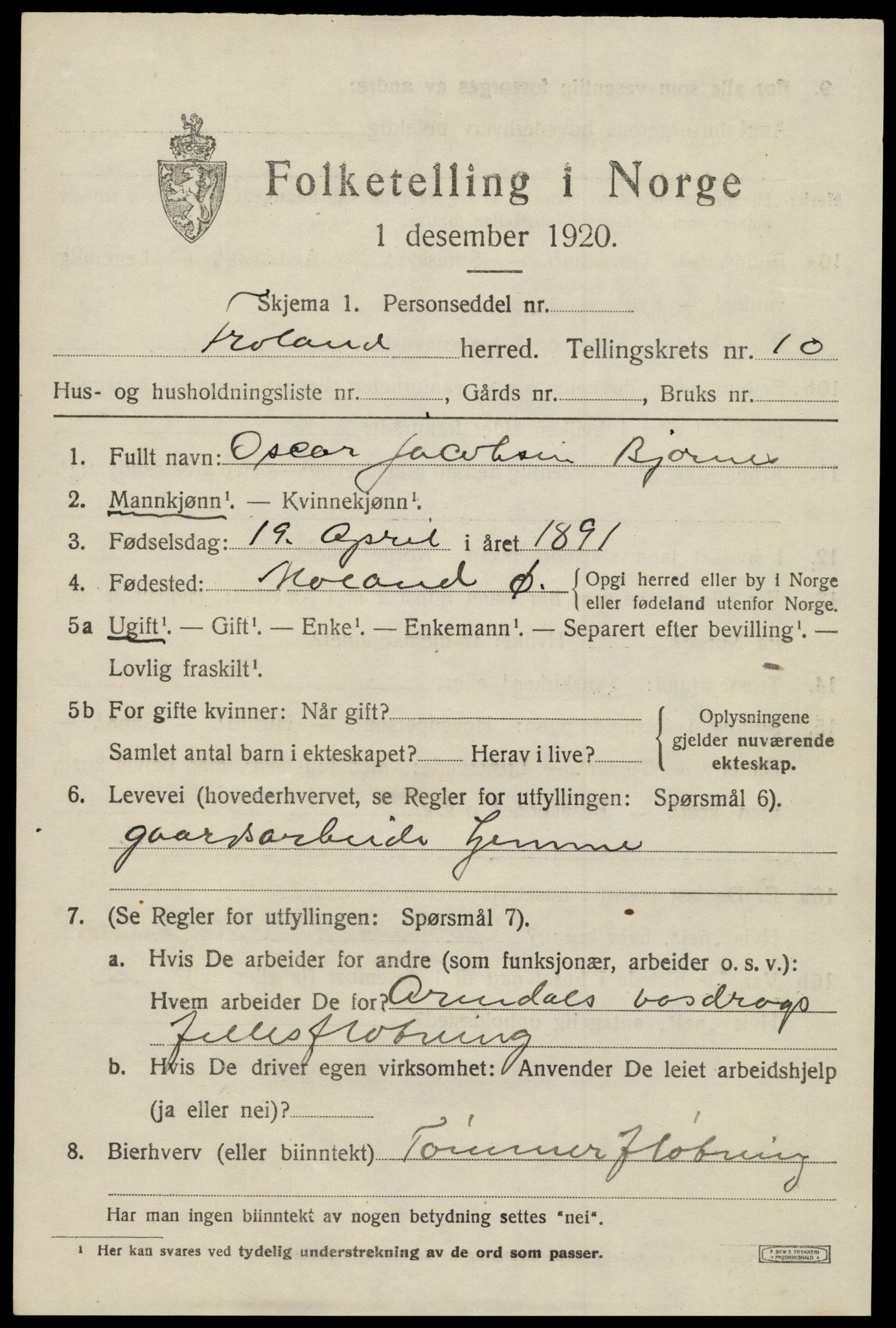 SAK, 1920 census for Froland, 1920, p. 5667