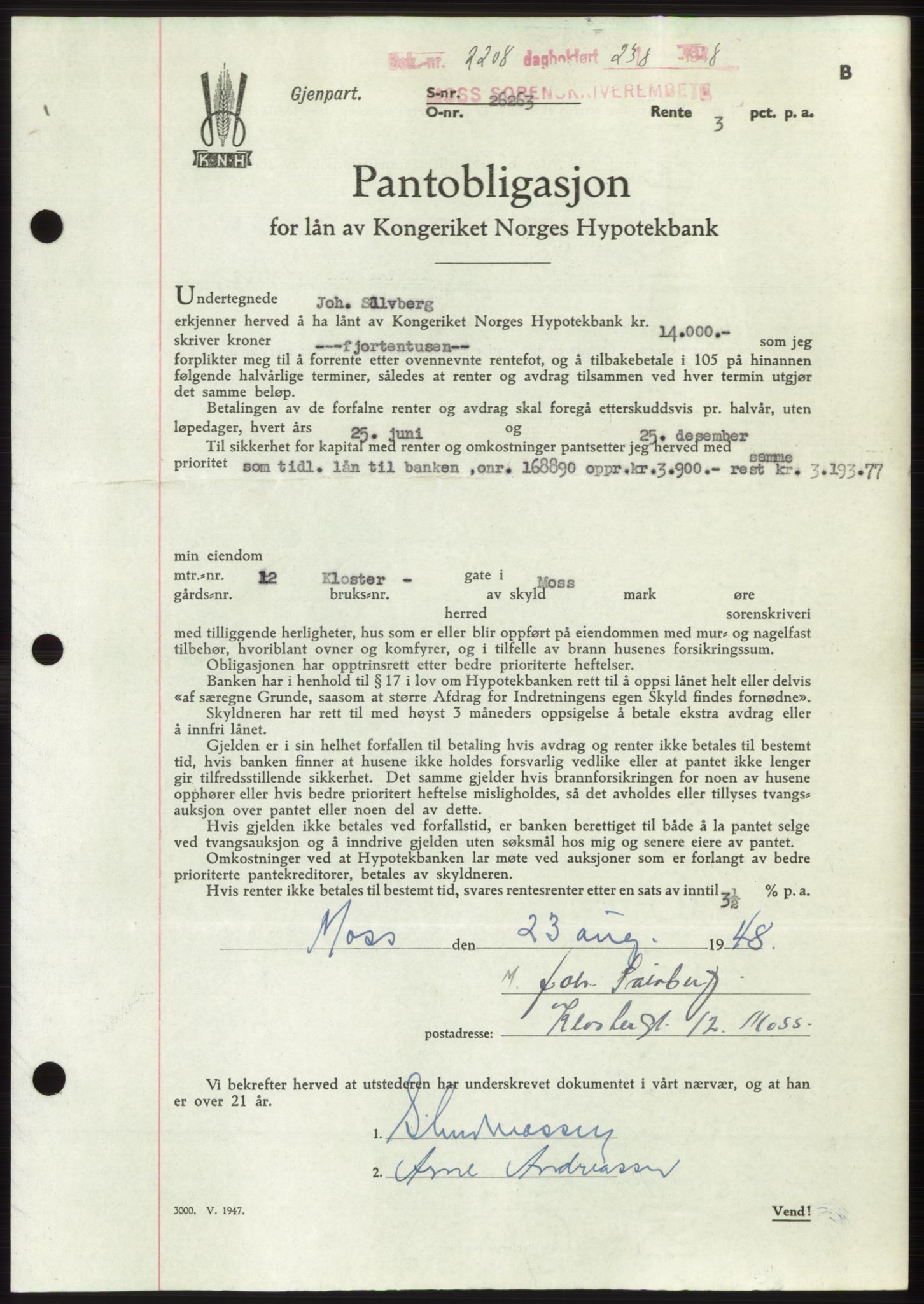 Moss sorenskriveri, AV/SAO-A-10168: Mortgage book no. B20, 1948-1948, Diary no: : 2208/1948