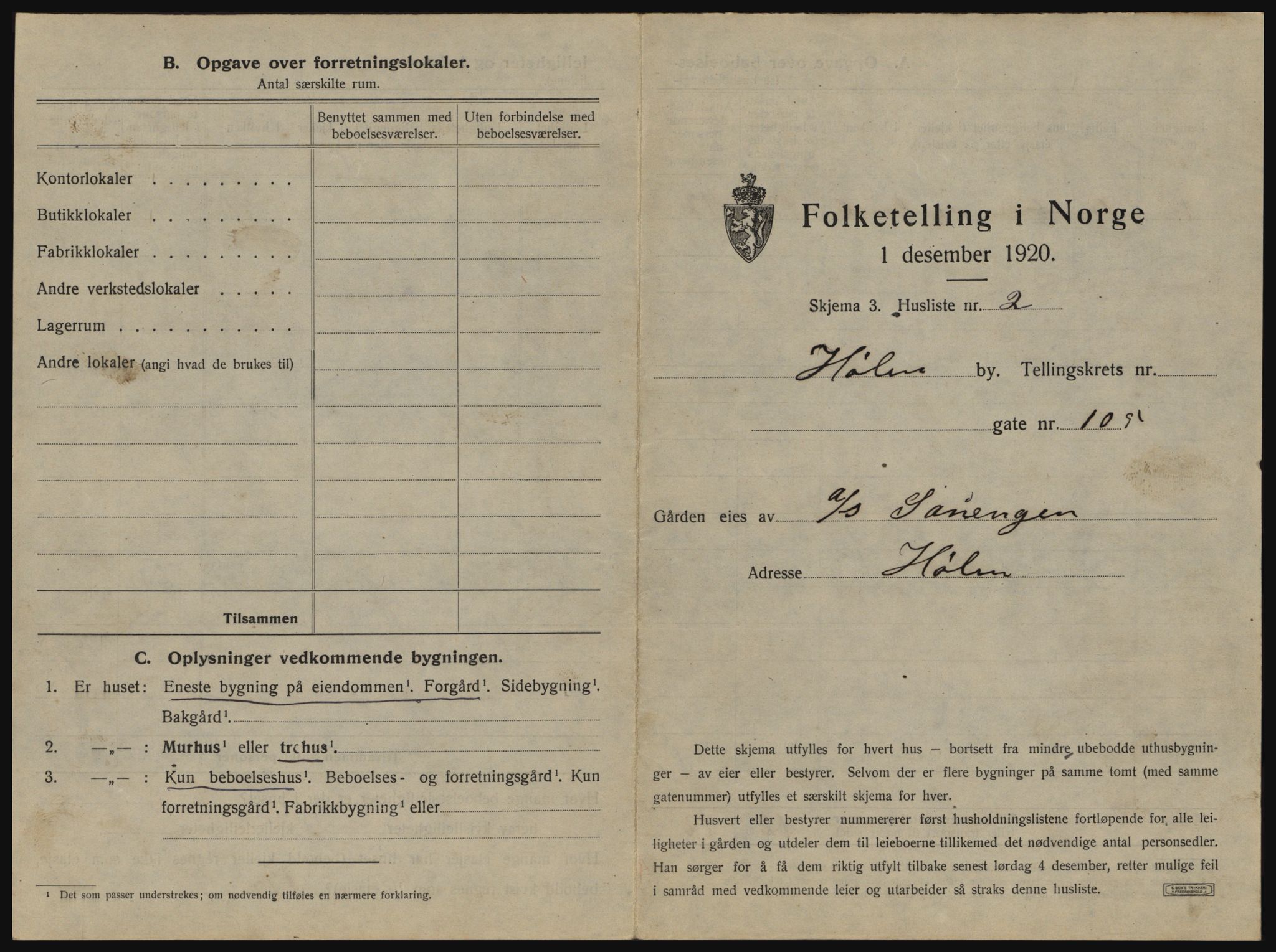 SAO, 1920 census for Hølen, 1920, p. 13