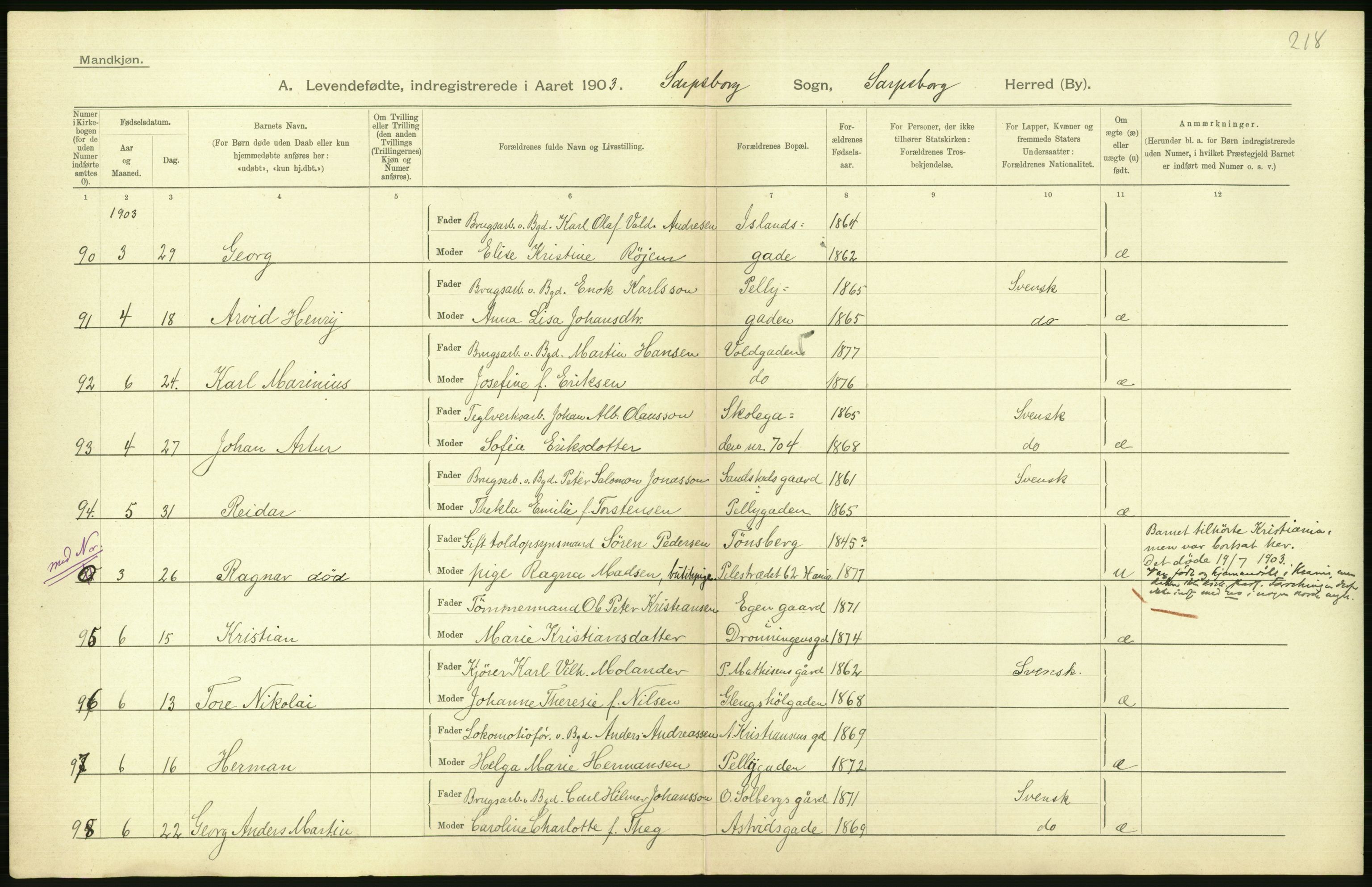 Statistisk sentralbyrå, Sosiodemografiske emner, Befolkning, AV/RA-S-2228/D/Df/Dfa/Dfaa/L0001: Smålenenes amt: Fødte, gifte, døde, 1903, p. 368