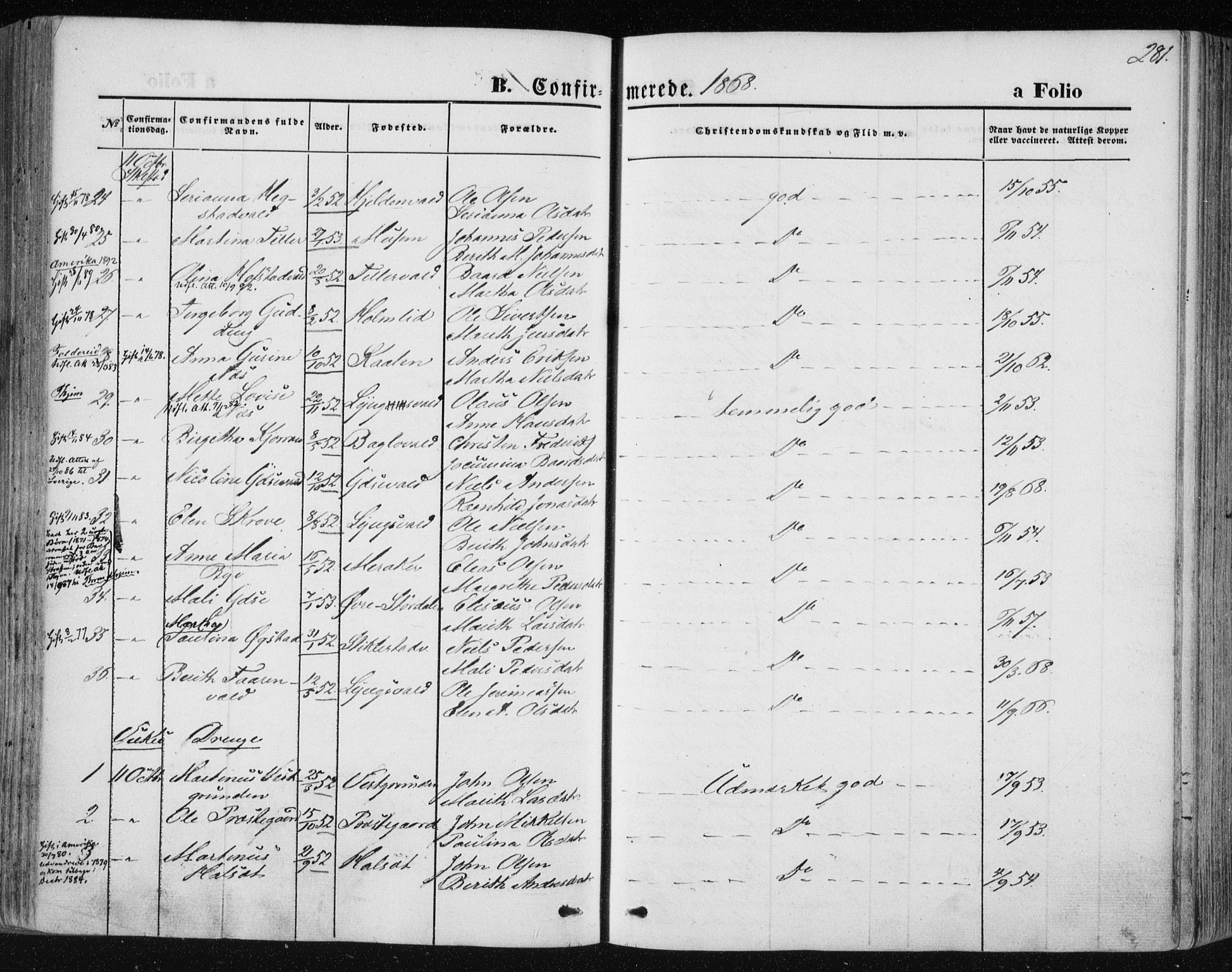 Ministerialprotokoller, klokkerbøker og fødselsregistre - Nord-Trøndelag, AV/SAT-A-1458/723/L0241: Parish register (official) no. 723A10, 1860-1869, p. 281