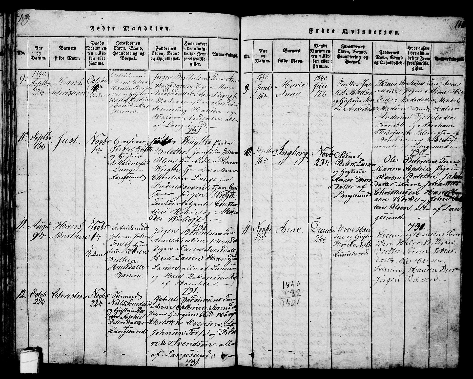 Langesund kirkebøker, AV/SAKO-A-280/G/Ga/L0003: Parish register (copy) no. 3, 1815-1858, p. 109-110