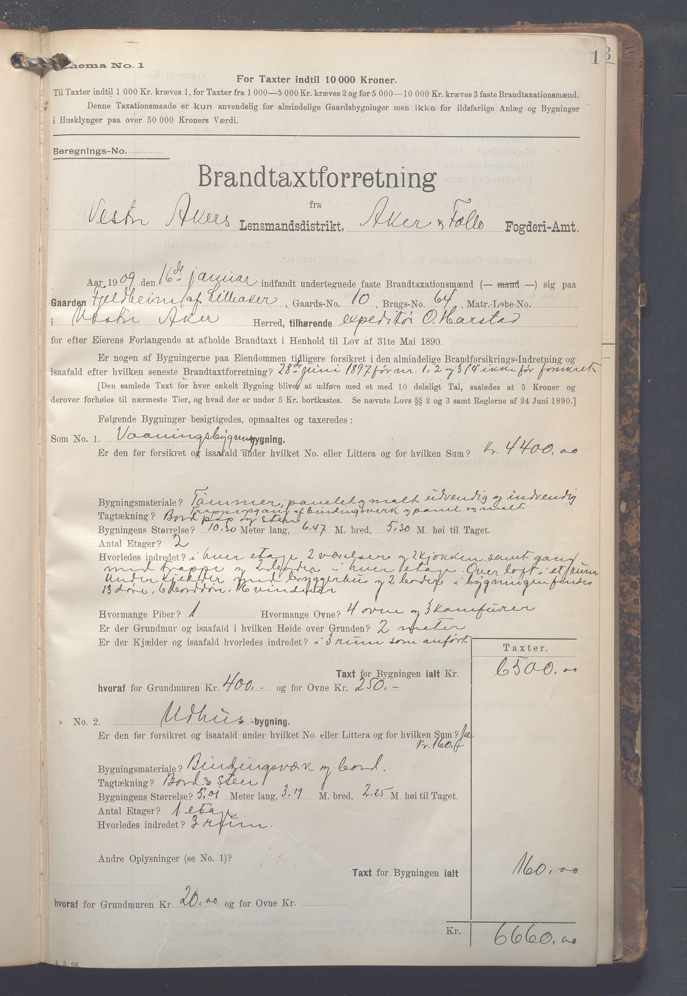 Lensmennene i Aker, OBA/A-10133/F/Fa/L0013: Branntakstprotokoll, 1909-1914, p. 1
