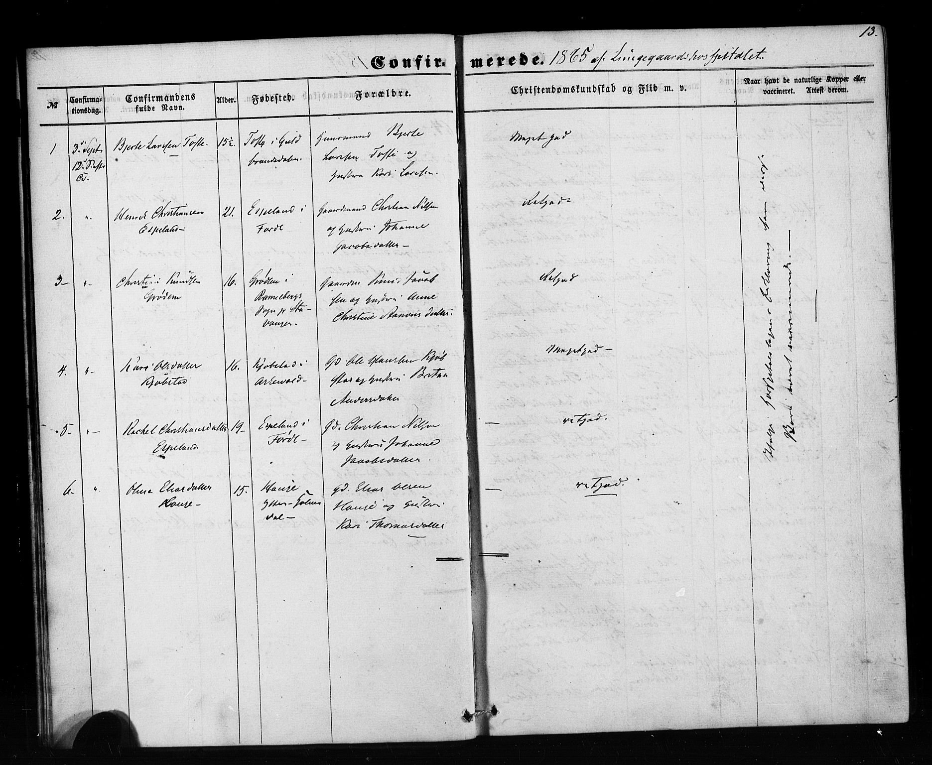 Pleiestiftelsen nr. 1 for spedalske sokneprestembete*, SAB/-: Parish register (official) no. A 1, 1859-1886, p. 13