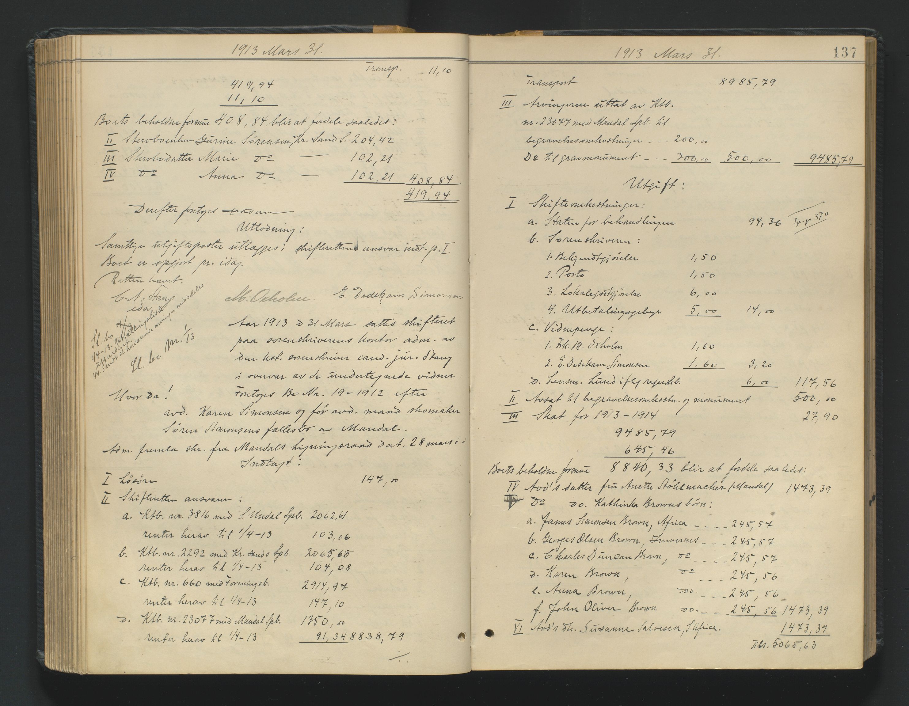 Mandal sorenskriveri, SAK/1221-0005/001/H/Hc/L0098: Skifteutlodningsprotokoll nr 7, 1910-1917, p. 137