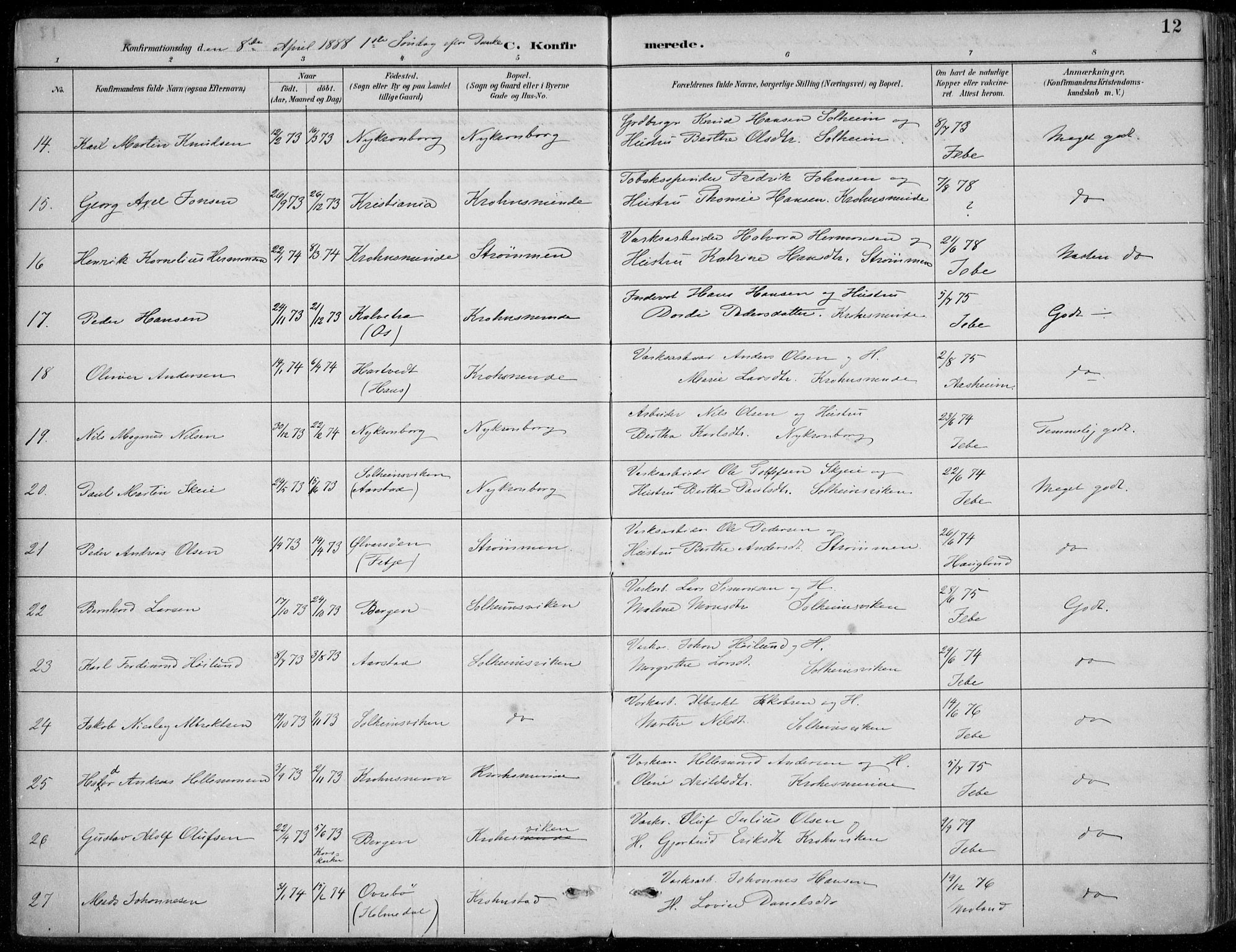 Årstad Sokneprestembete, AV/SAB-A-79301/H/Haa/L0006: Parish register (official) no. B 1, 1886-1901, p. 12