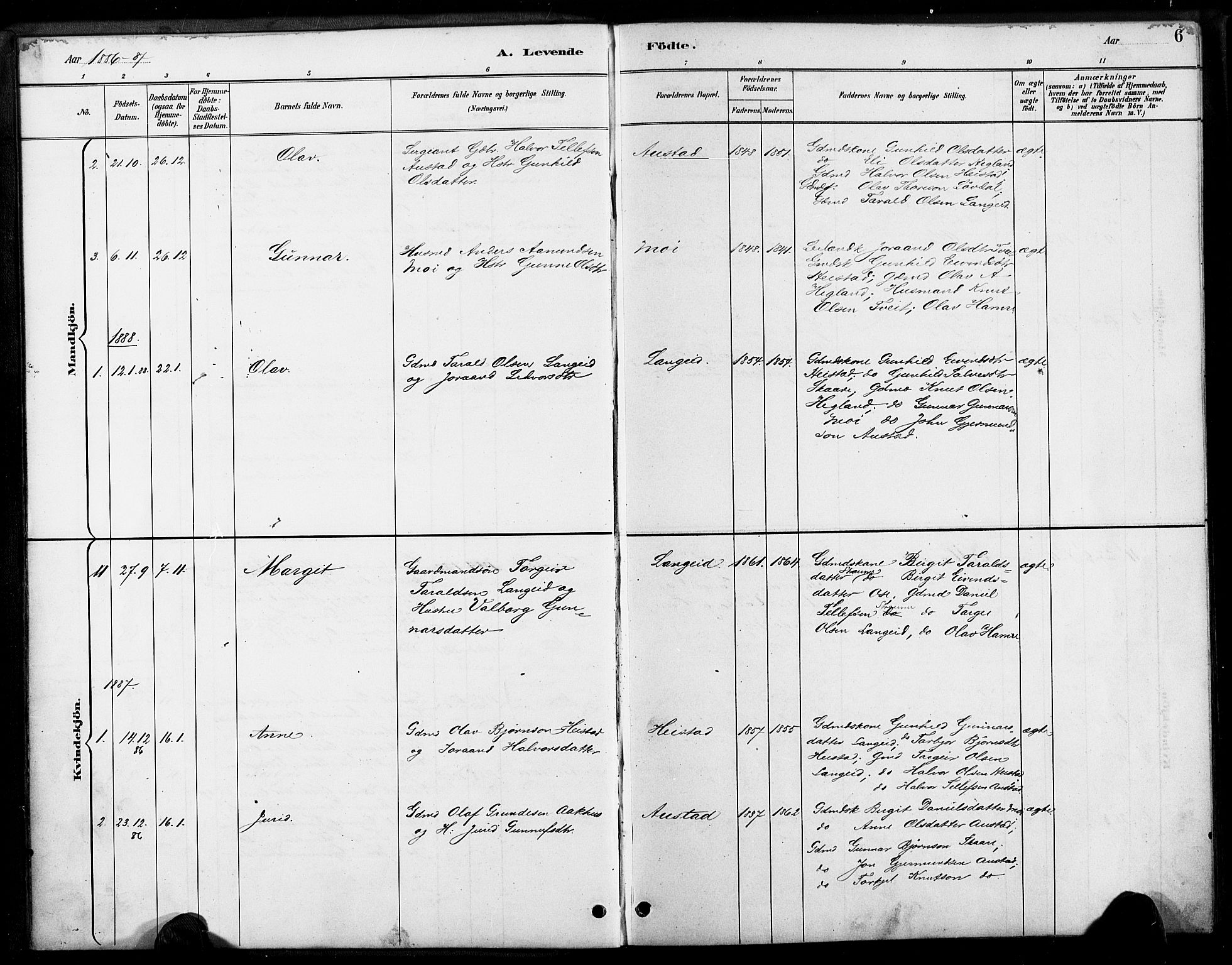 Bygland sokneprestkontor, SAK/1111-0006/F/Fa/Faa/L0001: Parish register (official) no. A 1, 1885-1908, p. 6