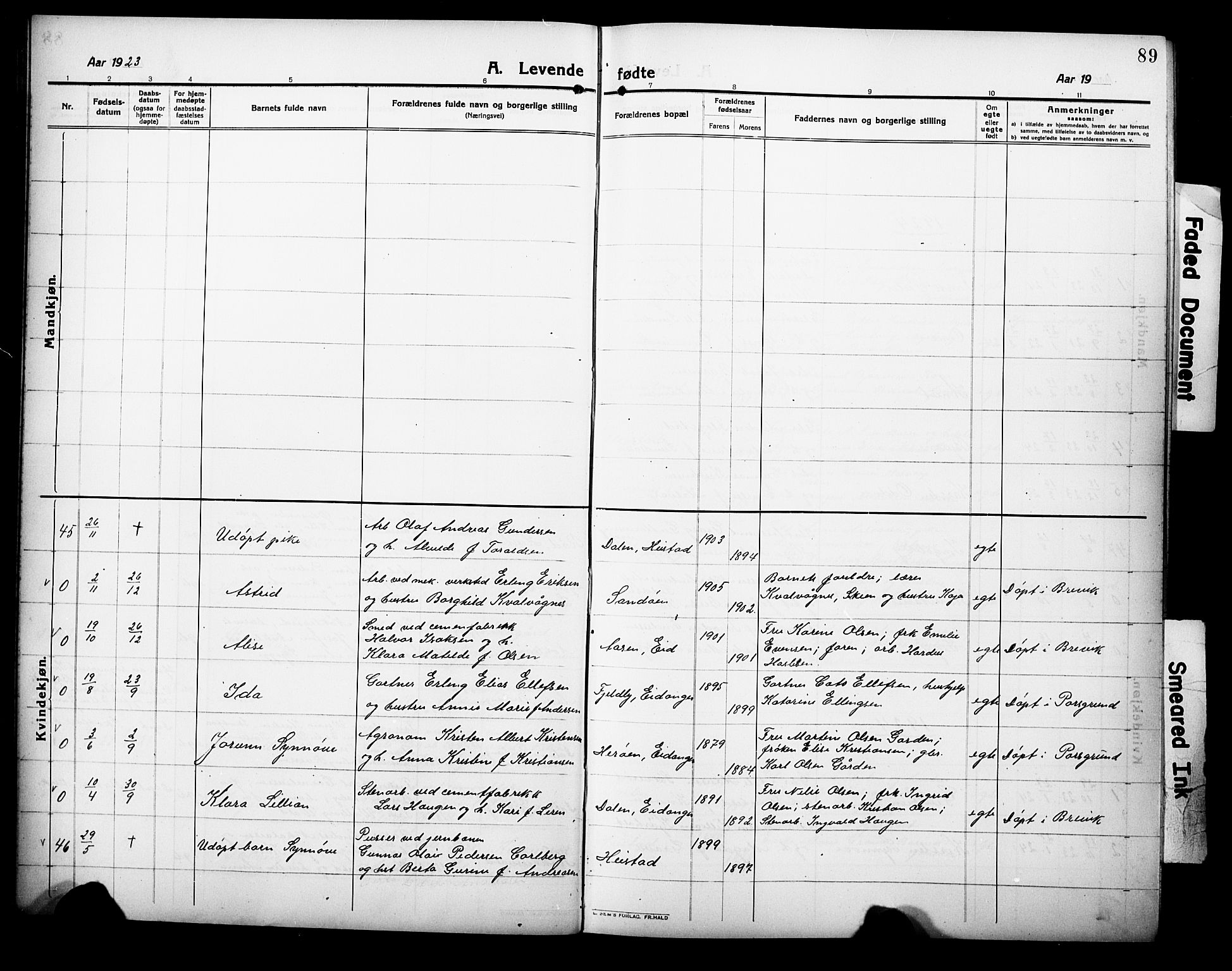 Eidanger kirkebøker, AV/SAKO-A-261/G/Ga/L0004: Parish register (copy) no. 4, 1912-1927, p. 89