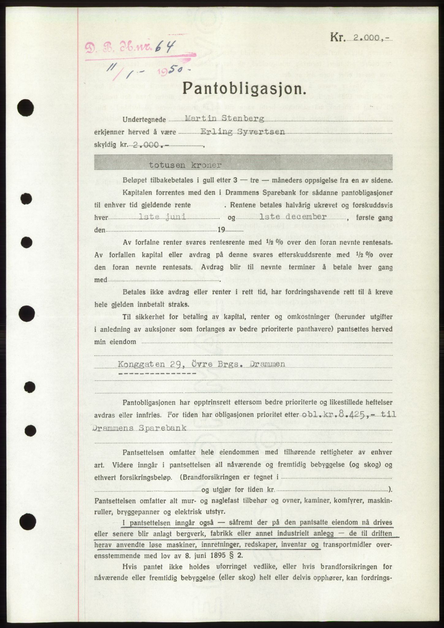 Drammen byfogd, AV/SAKO-A-222/G/Ga/Gad/L0010: Mortgage book no. B10, 1950-1950, Diary no: : 64/1950