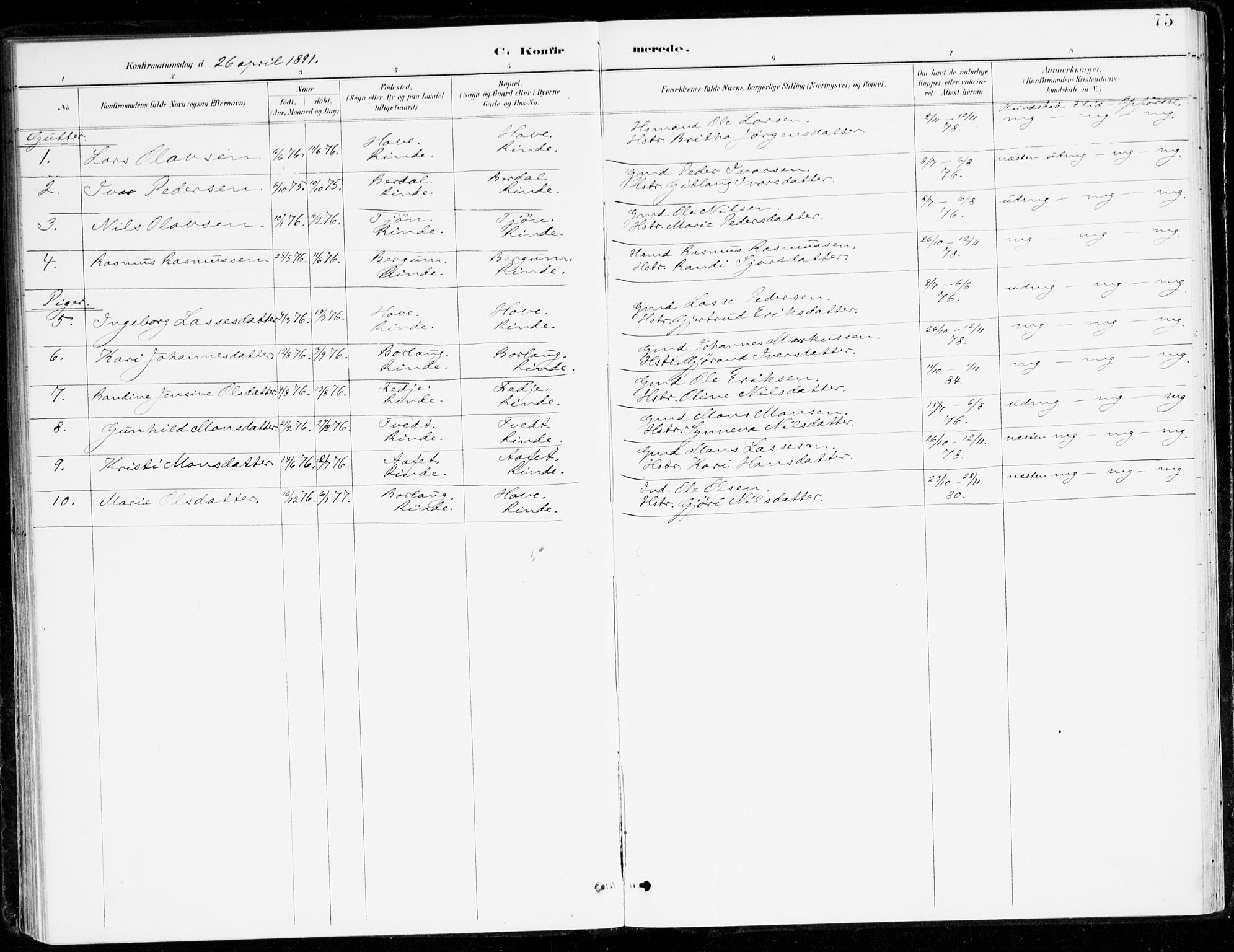 Leikanger sokneprestembete, SAB/A-81001: Parish register (official) no. D 1, 1887-1922, p. 75