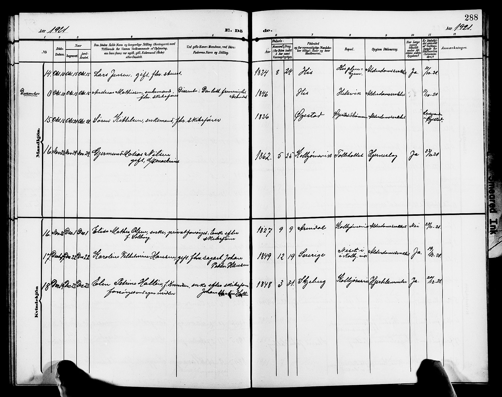 Hisøy sokneprestkontor, AV/SAK-1111-0020/F/Fb/L0004: Parish register (copy) no. B 4, 1905-1923, p. 288