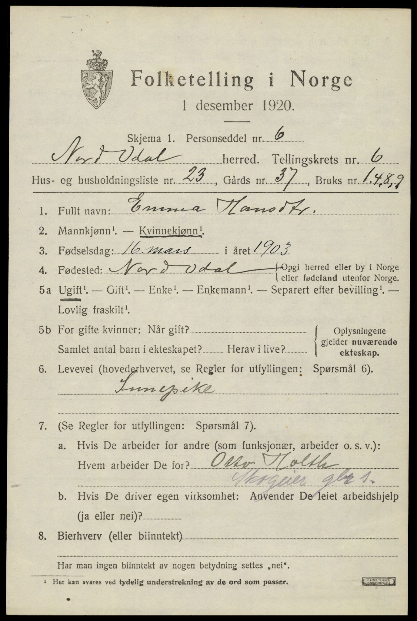 SAH, 1920 census for Nord-Odal, 1920, p. 6861