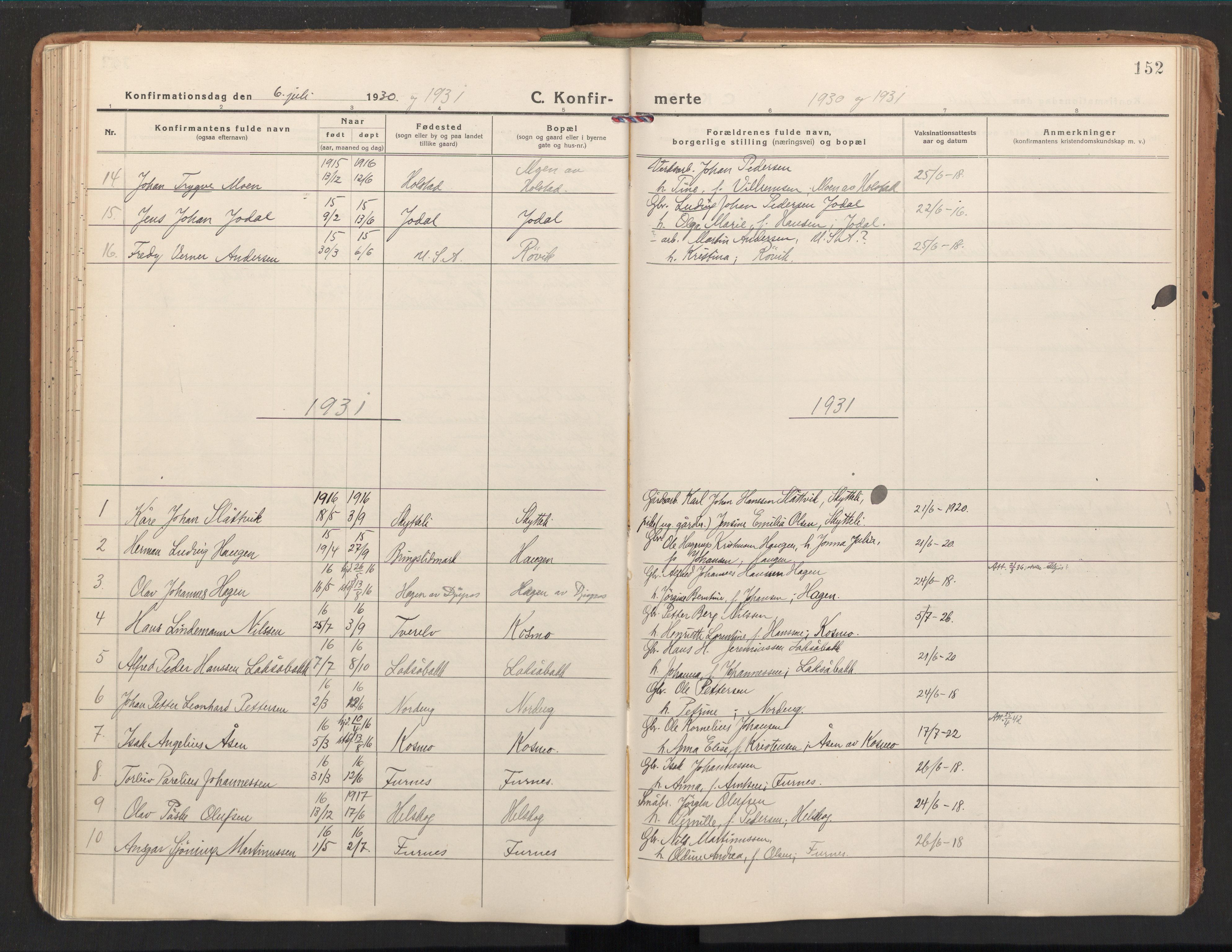 Ministerialprotokoller, klokkerbøker og fødselsregistre - Nordland, AV/SAT-A-1459/851/L0725: Parish register (official) no. 851A02, 1922-1944, p. 152