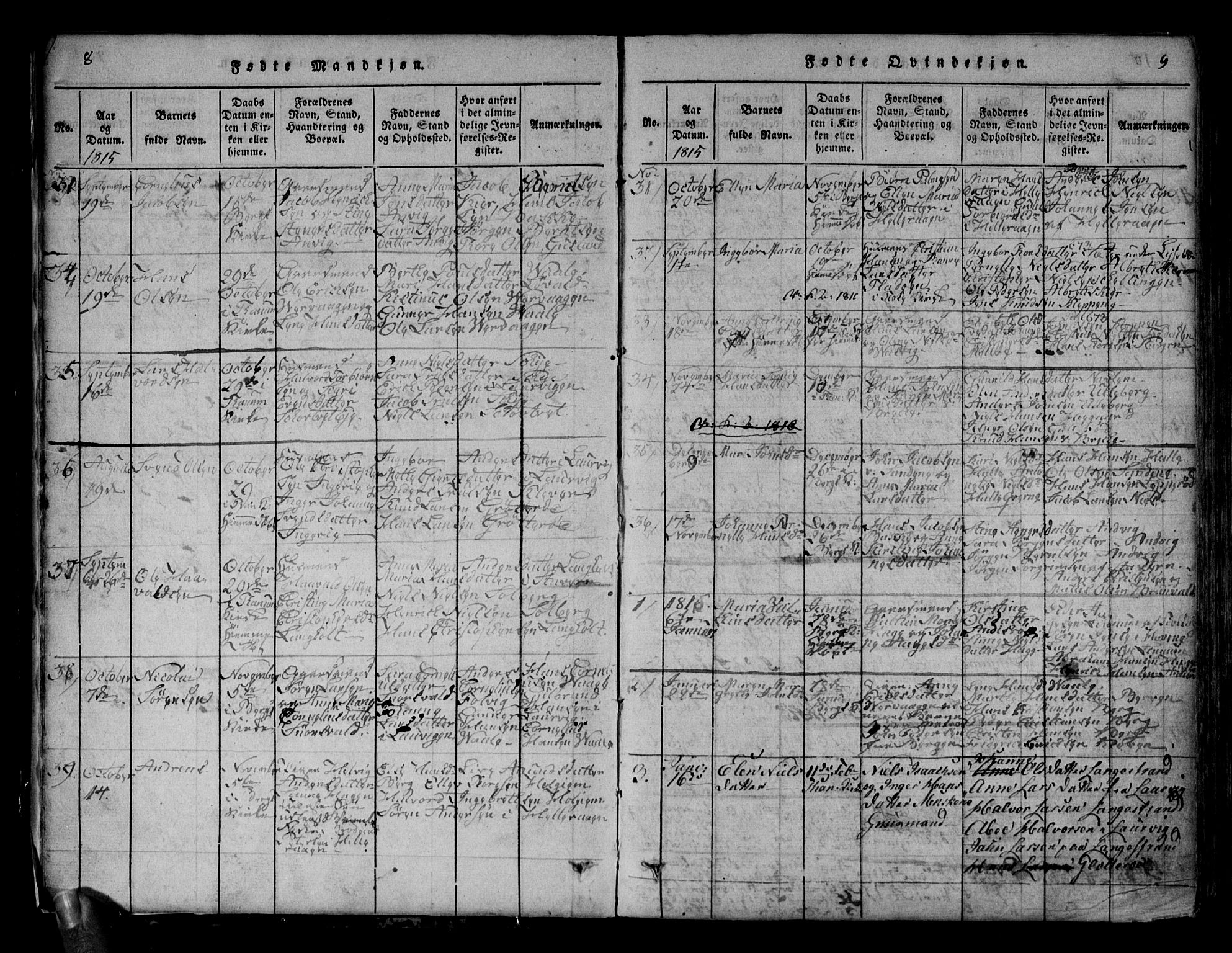 Brunlanes kirkebøker, SAKO/A-342/G/Ga/L0001: Parish register (copy) no. I 1, 1814-1834, p. 8-9
