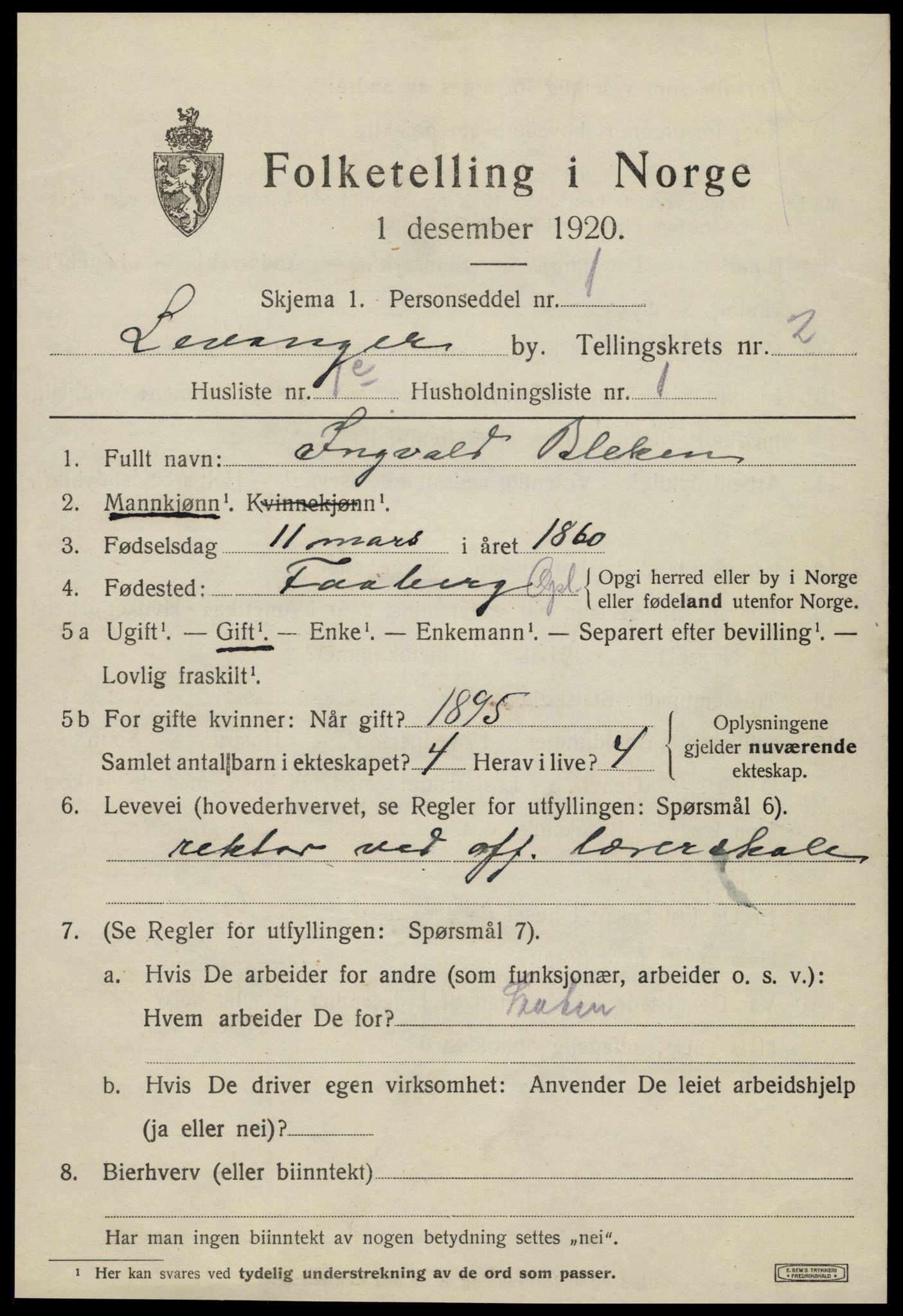 SAT, 1920 census for Levanger town, 1920, p. 2804