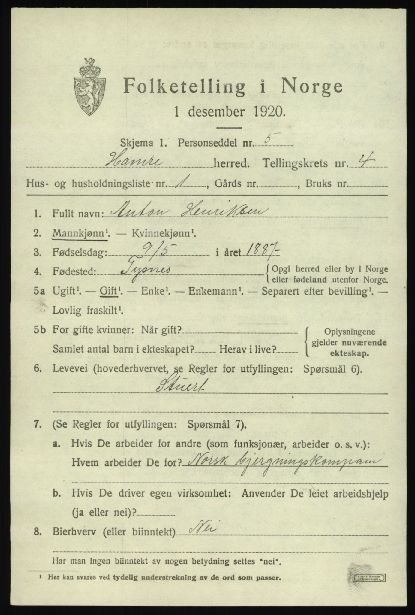 SAB, 1920 census for Hamre, 1920, p. 2347