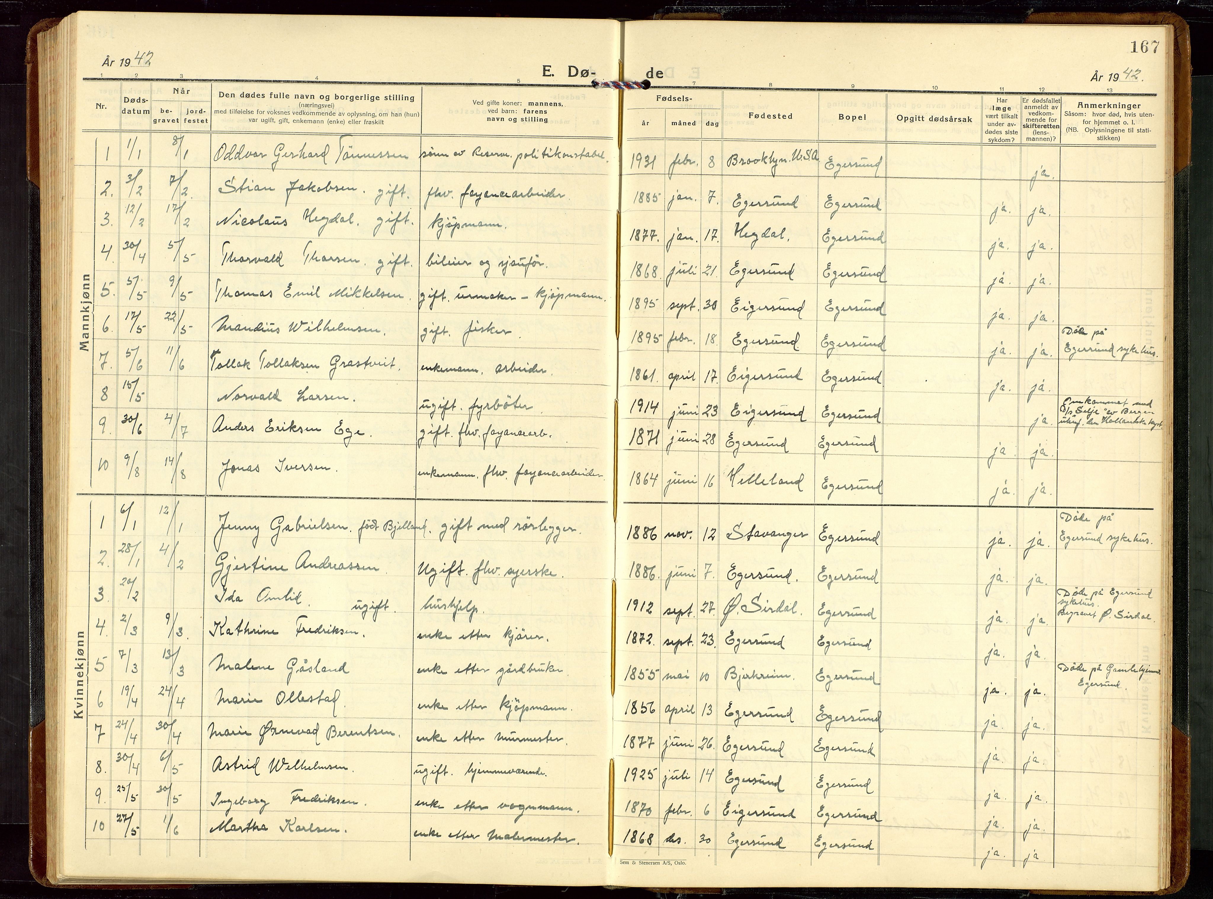 Eigersund sokneprestkontor, AV/SAST-A-101807/S09/L0014: Parish register (copy) no. B 14, 1931-1949, p. 167