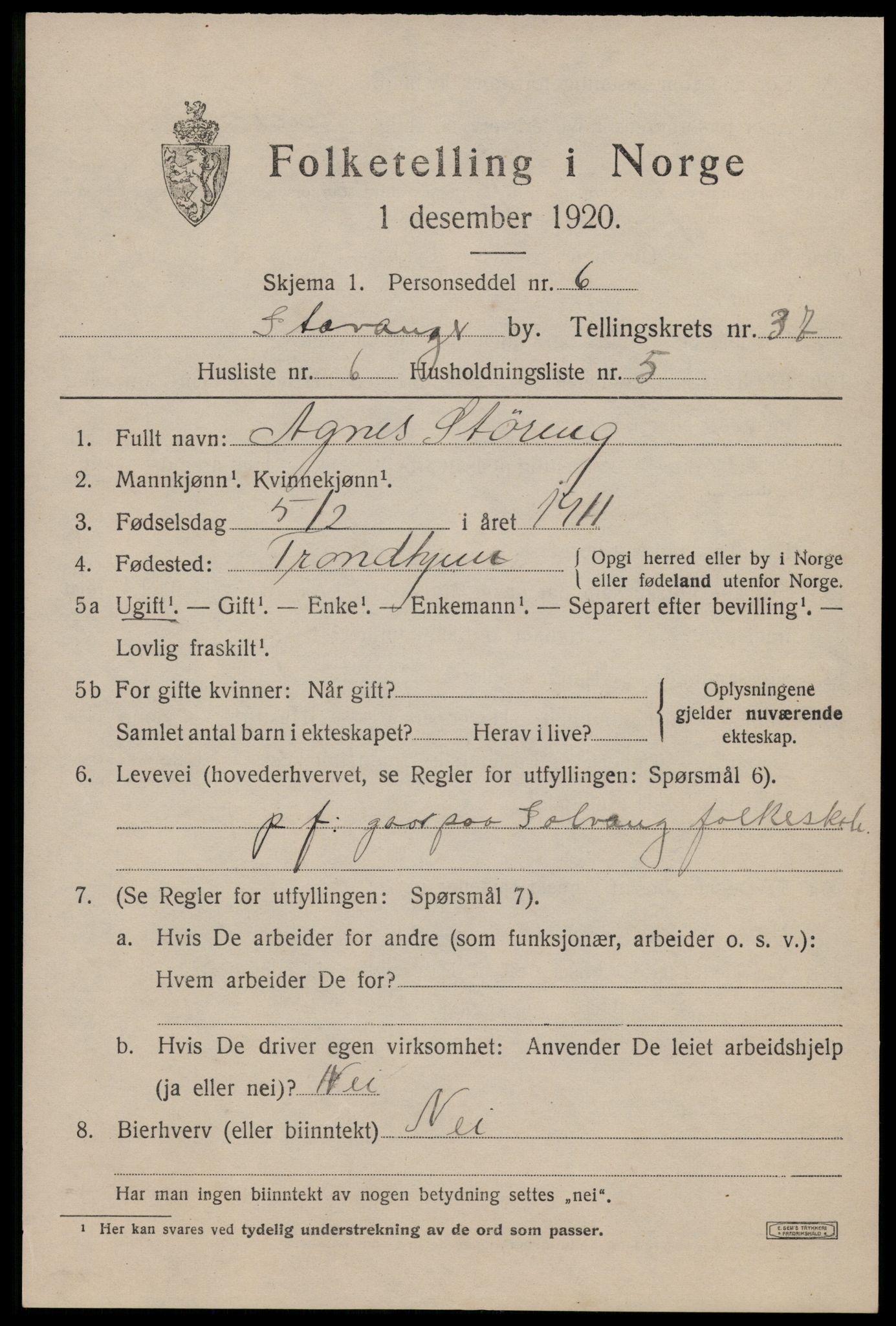 SAST, 1920 census for Stavanger, 1920, p. 97372