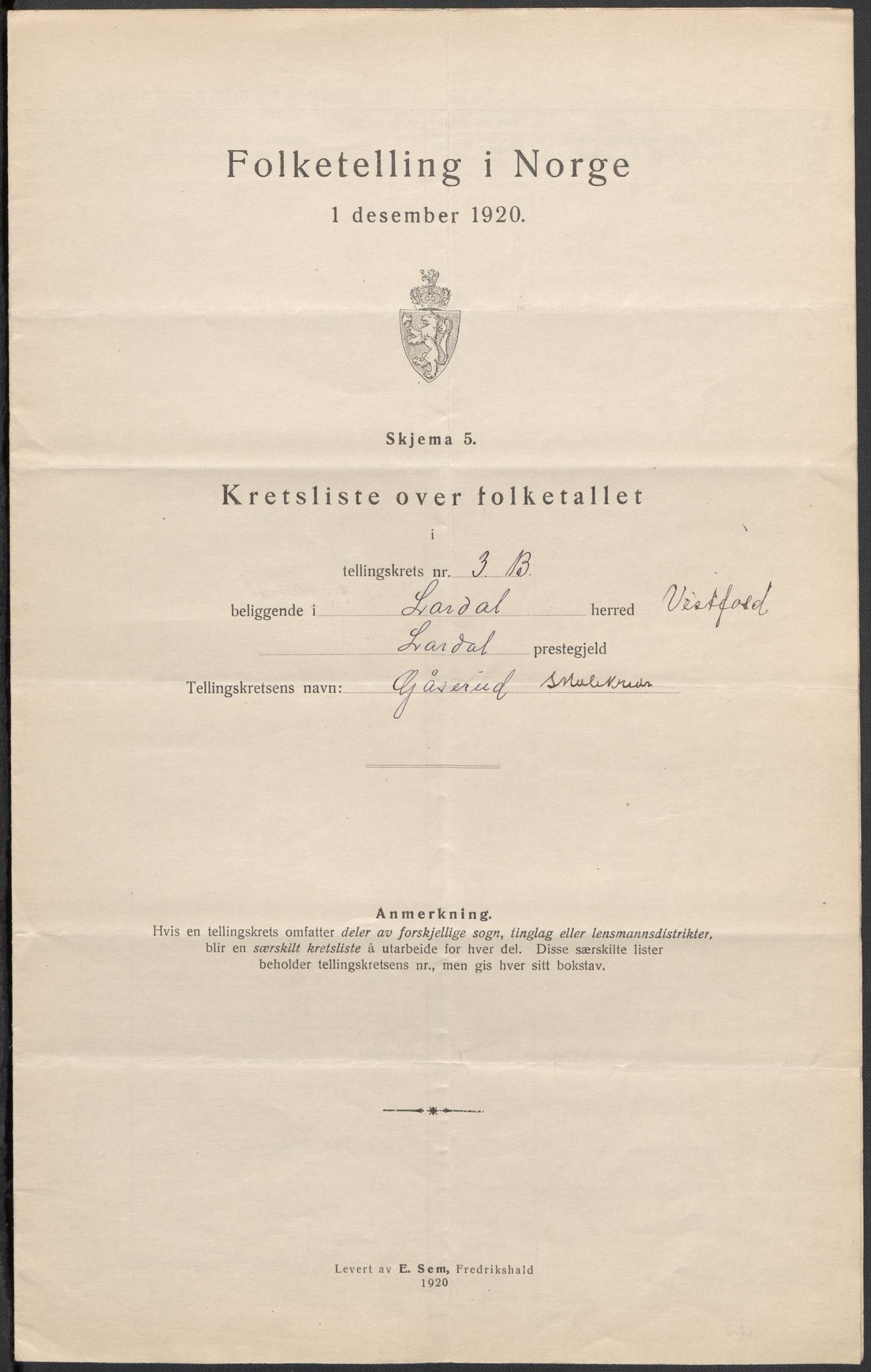 SAKO, 1920 census for Lardal, 1920, p. 17