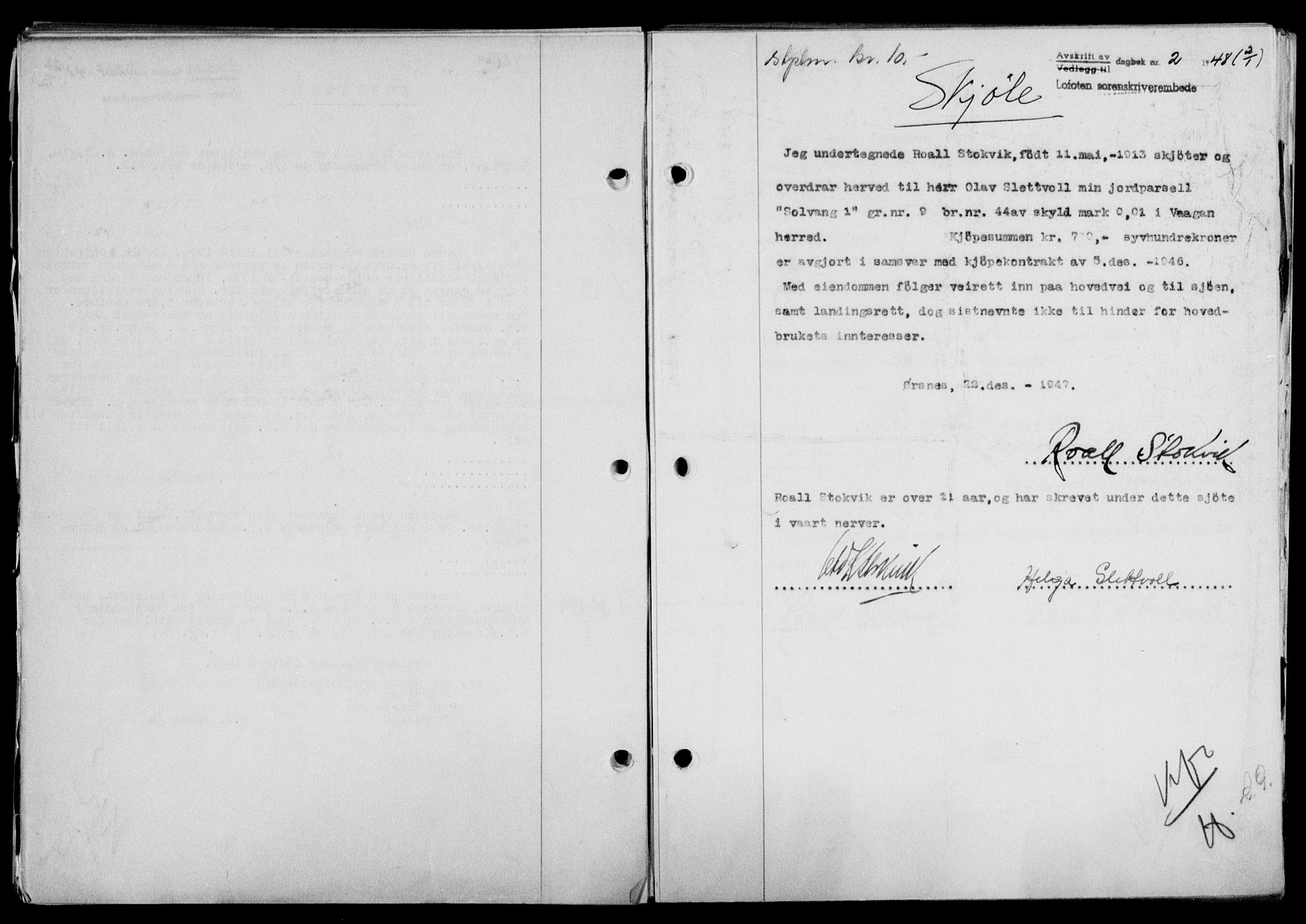 Lofoten sorenskriveri, SAT/A-0017/1/2/2C/L0017a: Mortgage book no. 17a, 1947-1948, Diary no: : 2/1948