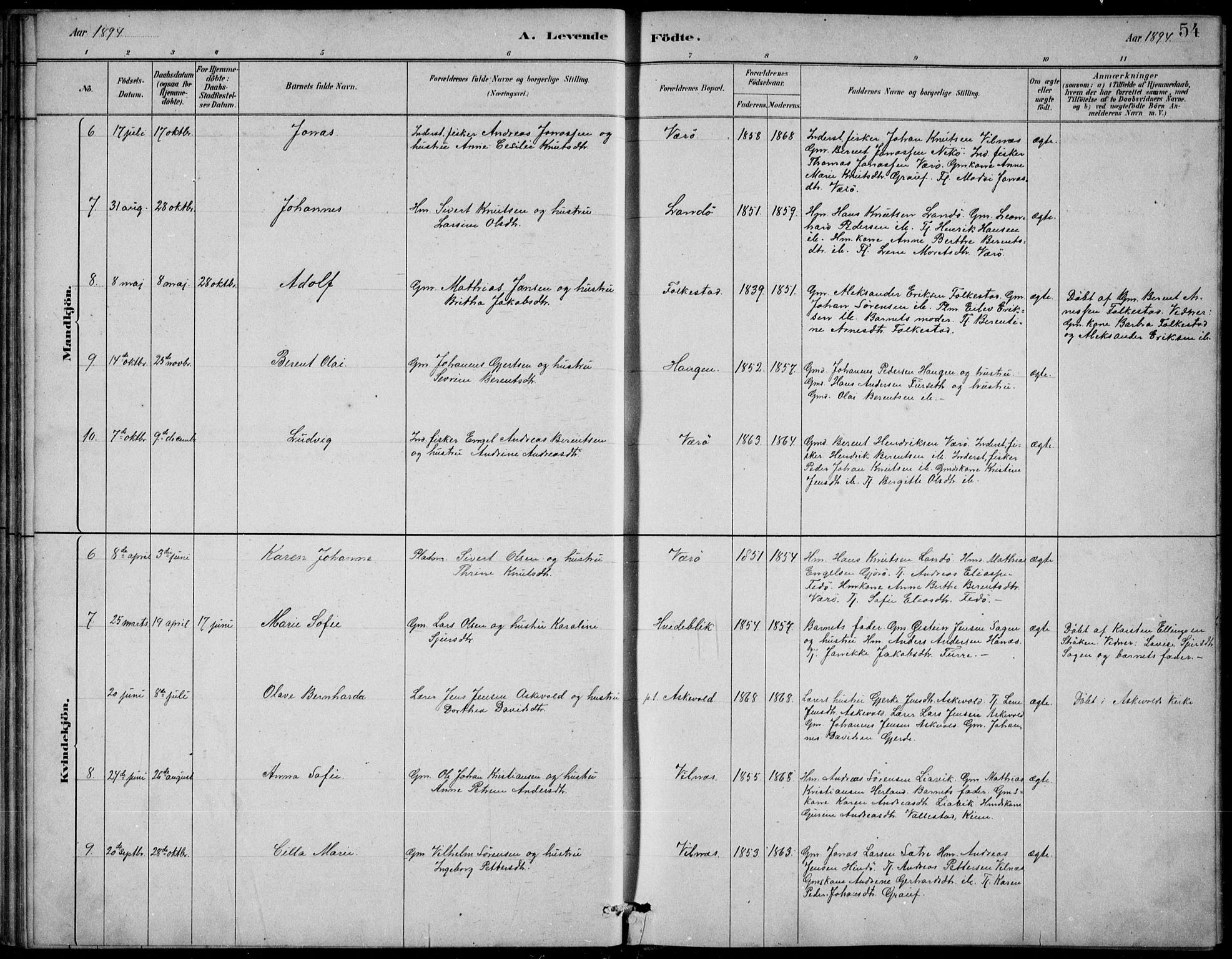 Askvoll sokneprestembete, SAB/A-79501/H/Hab/Habb/L0001: Parish register (copy) no. B 1, 1879-1909, p. 54