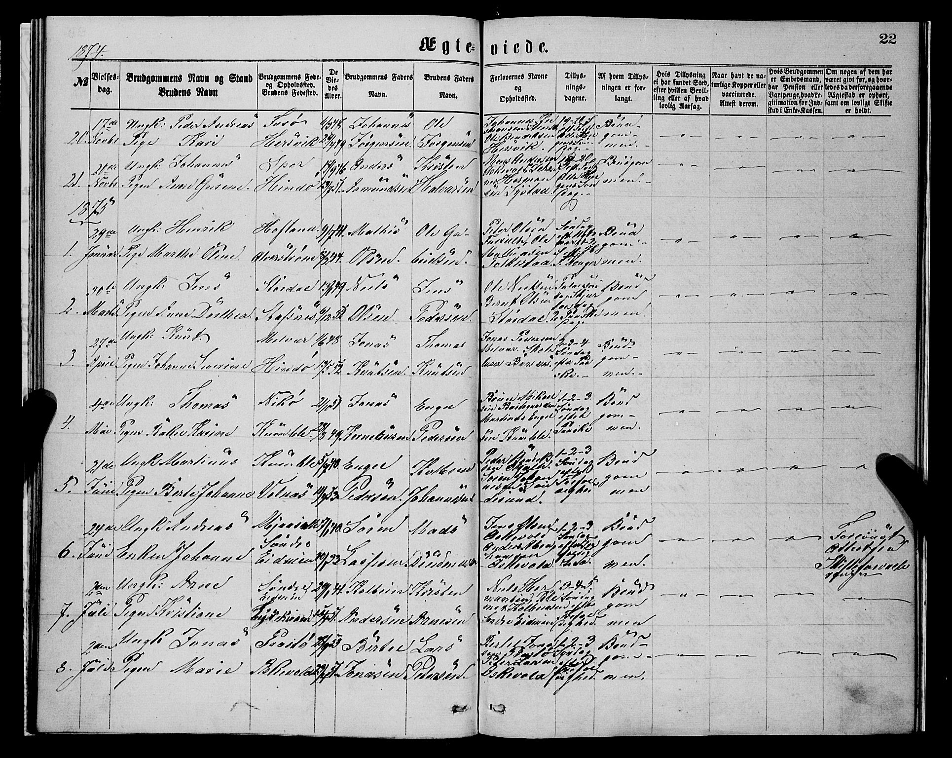 Askvoll sokneprestembete, SAB/A-79501/H/Haa/Haaa/L0014: Parish register (official) no. A 14, 1868-1878, p. 22