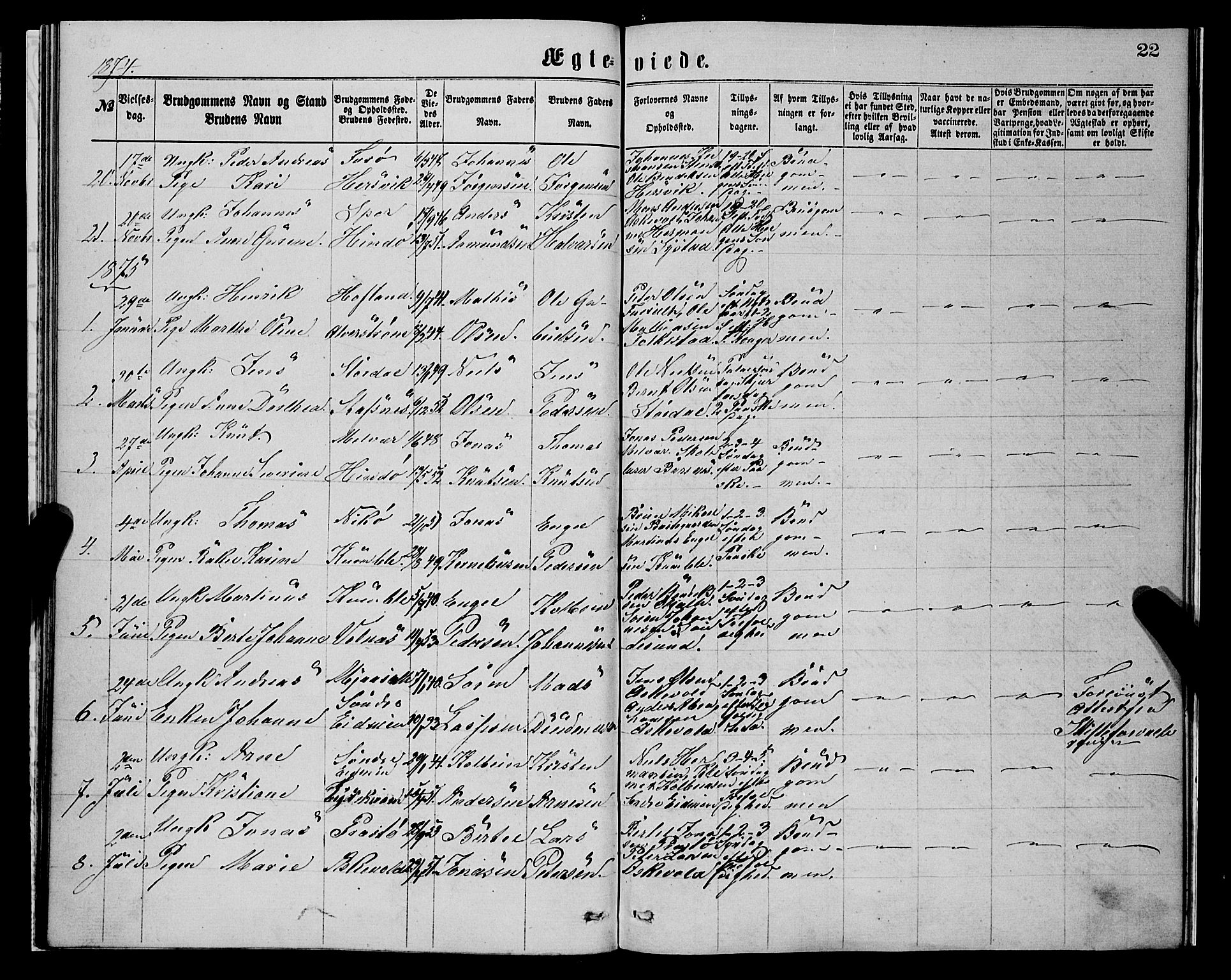 Askvoll sokneprestembete, AV/SAB-A-79501/H/Haa/Haaa/L0014: Parish register (official) no. A 14, 1868-1878, p. 22