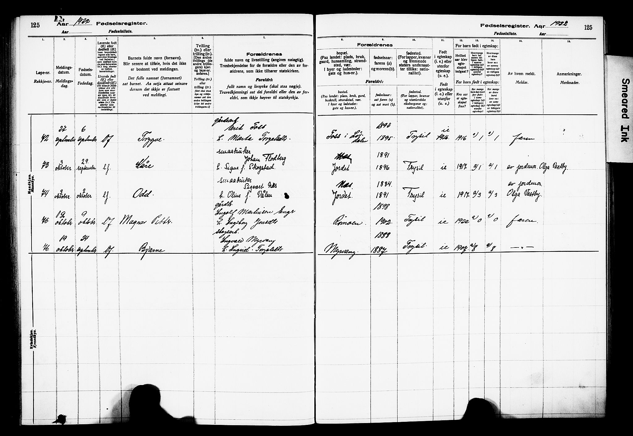 Trysil prestekontor, AV/SAH-PREST-046/I/Id/Ida/L0001: Birth register no. I 1, 1916-1927, p. 125