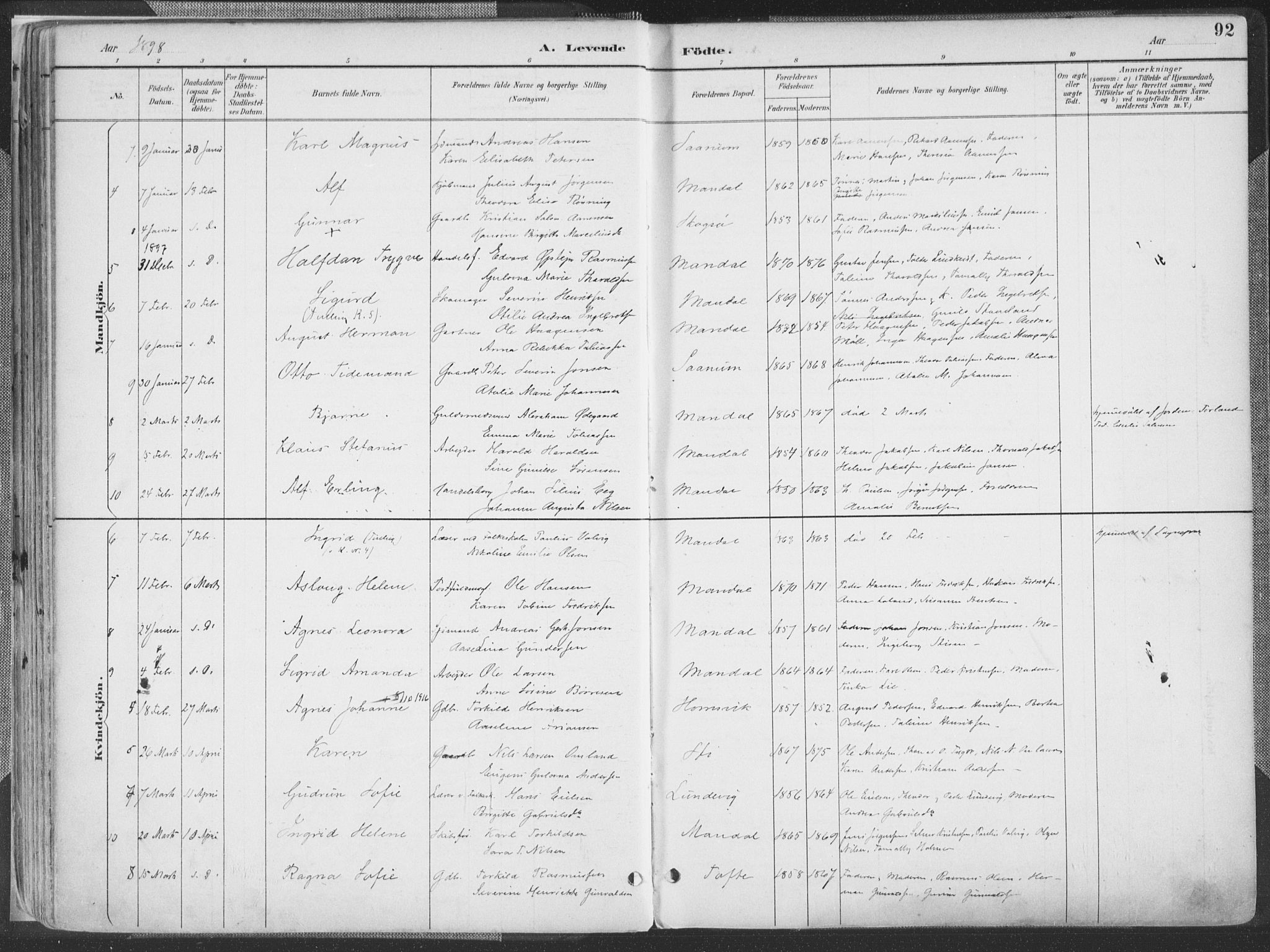 Mandal sokneprestkontor, AV/SAK-1111-0030/F/Fa/Faa/L0018: Parish register (official) no. A 18, 1890-1905, p. 92