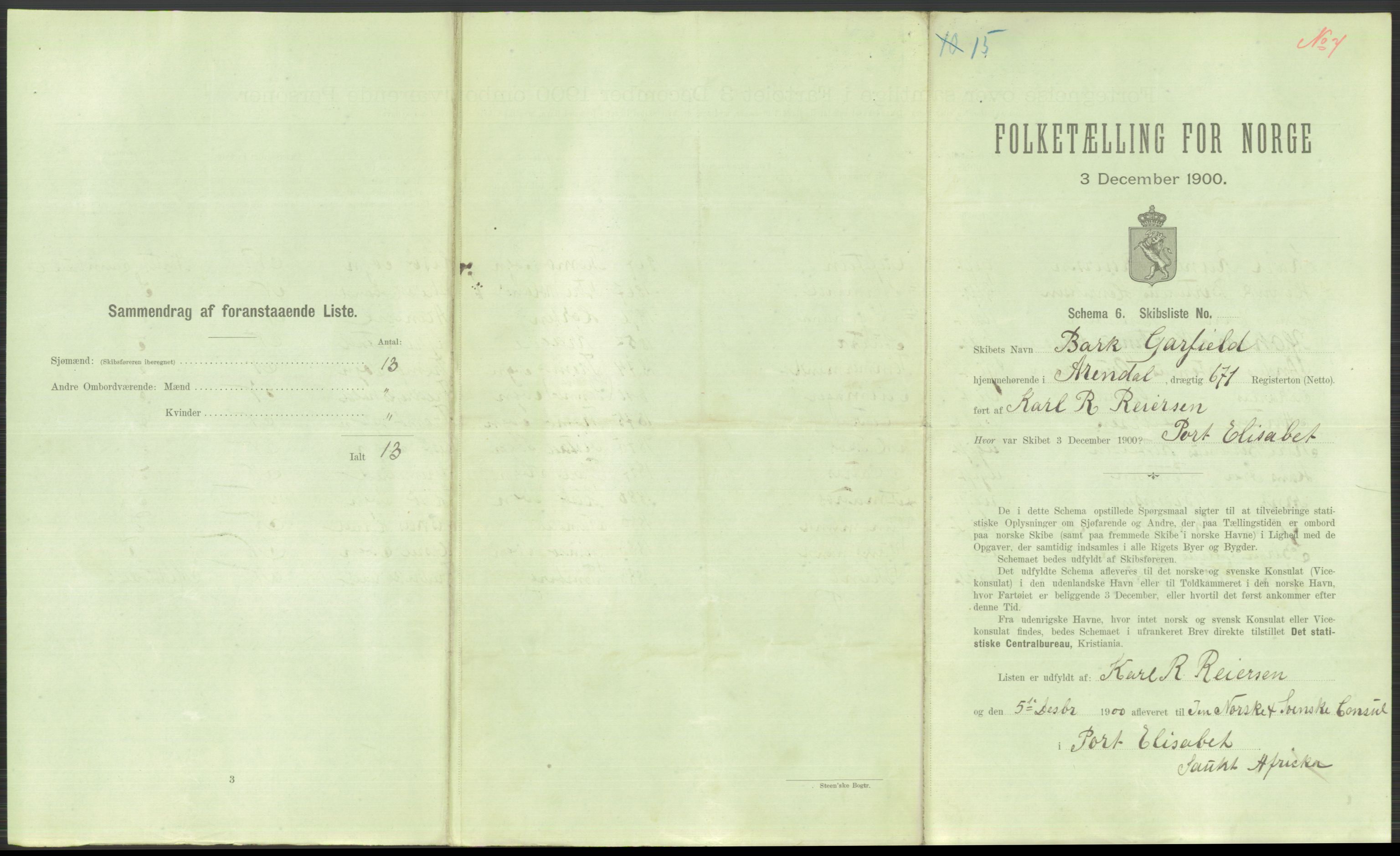 RA, 1900 Census - ship lists from ships in Norwegian harbours, harbours abroad and at sea, 1900, p. 5075