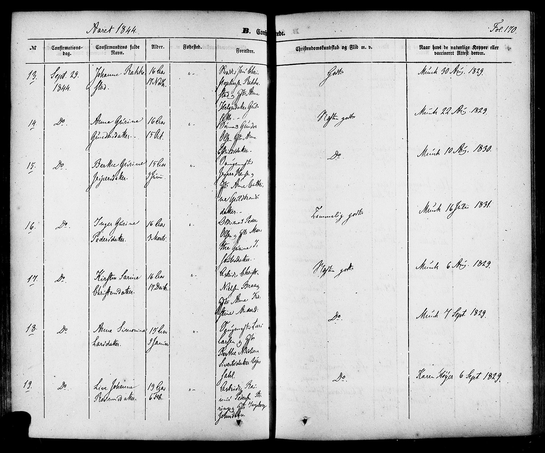Skien kirkebøker, SAKO/A-302/F/Fa/L0006a: Parish register (official) no. 6A, 1843-1856, p. 170