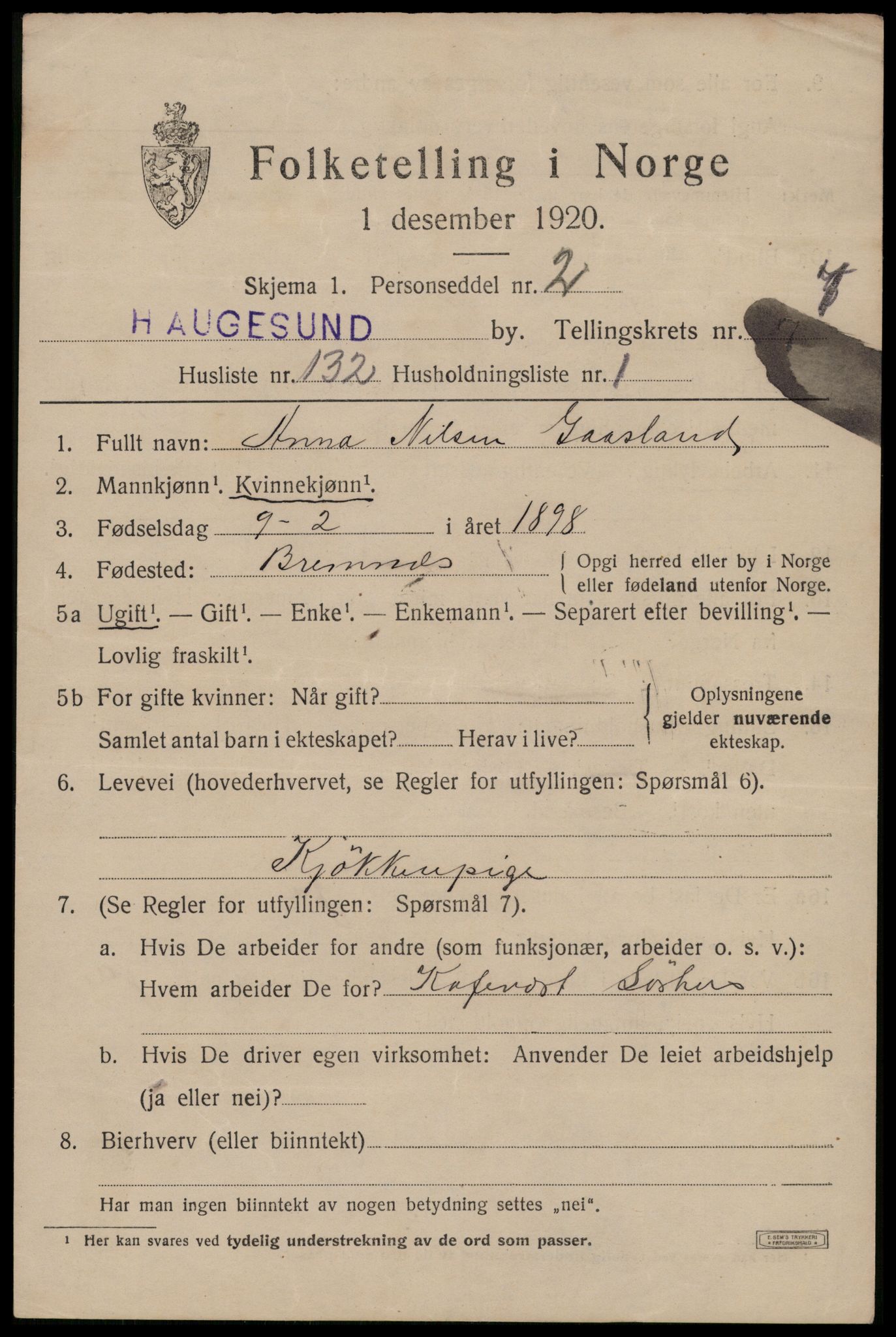 SAST, 1920 census for Haugesund, 1920, p. 27451