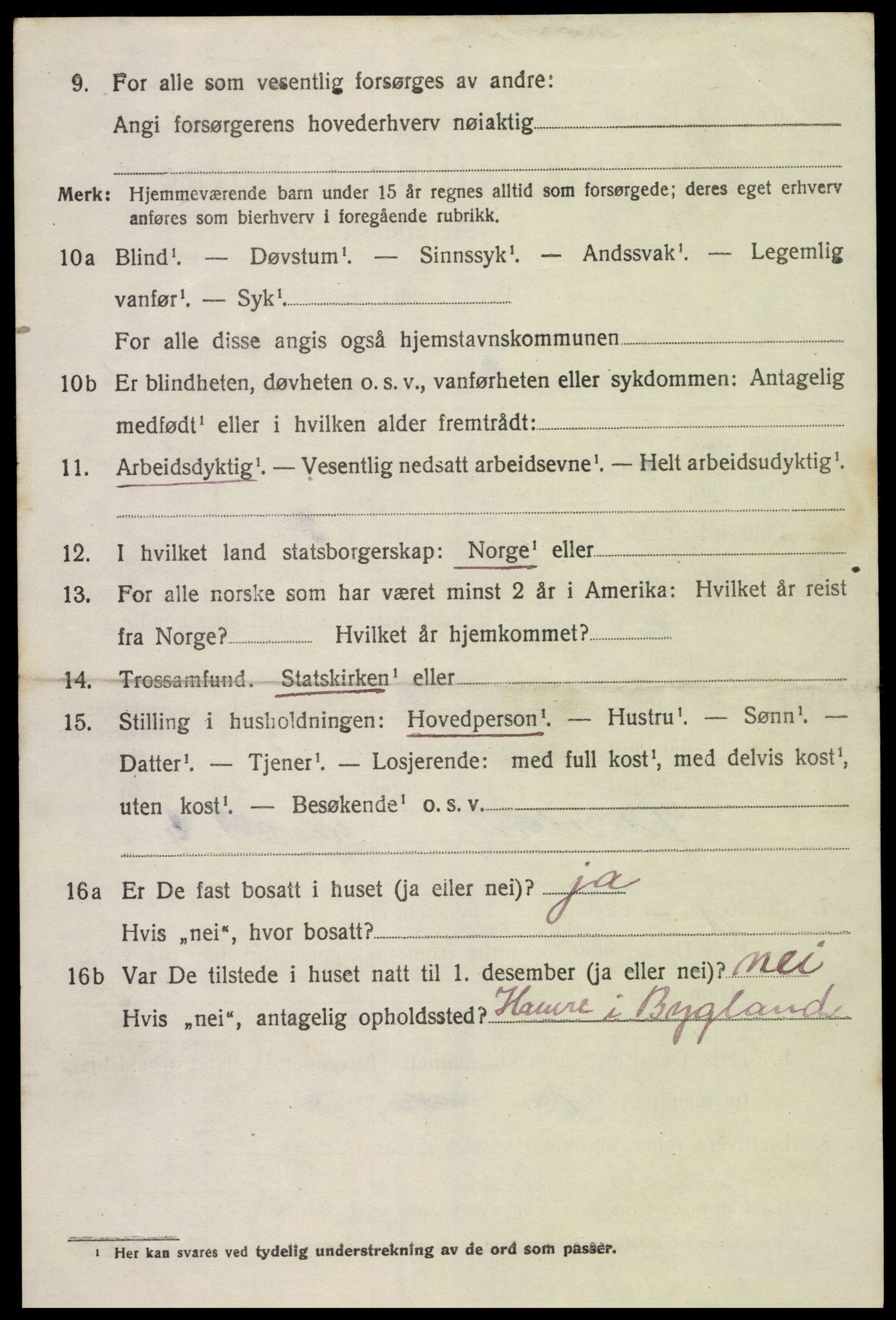 SAK, 1920 census for Bygland, 1920, p. 2124