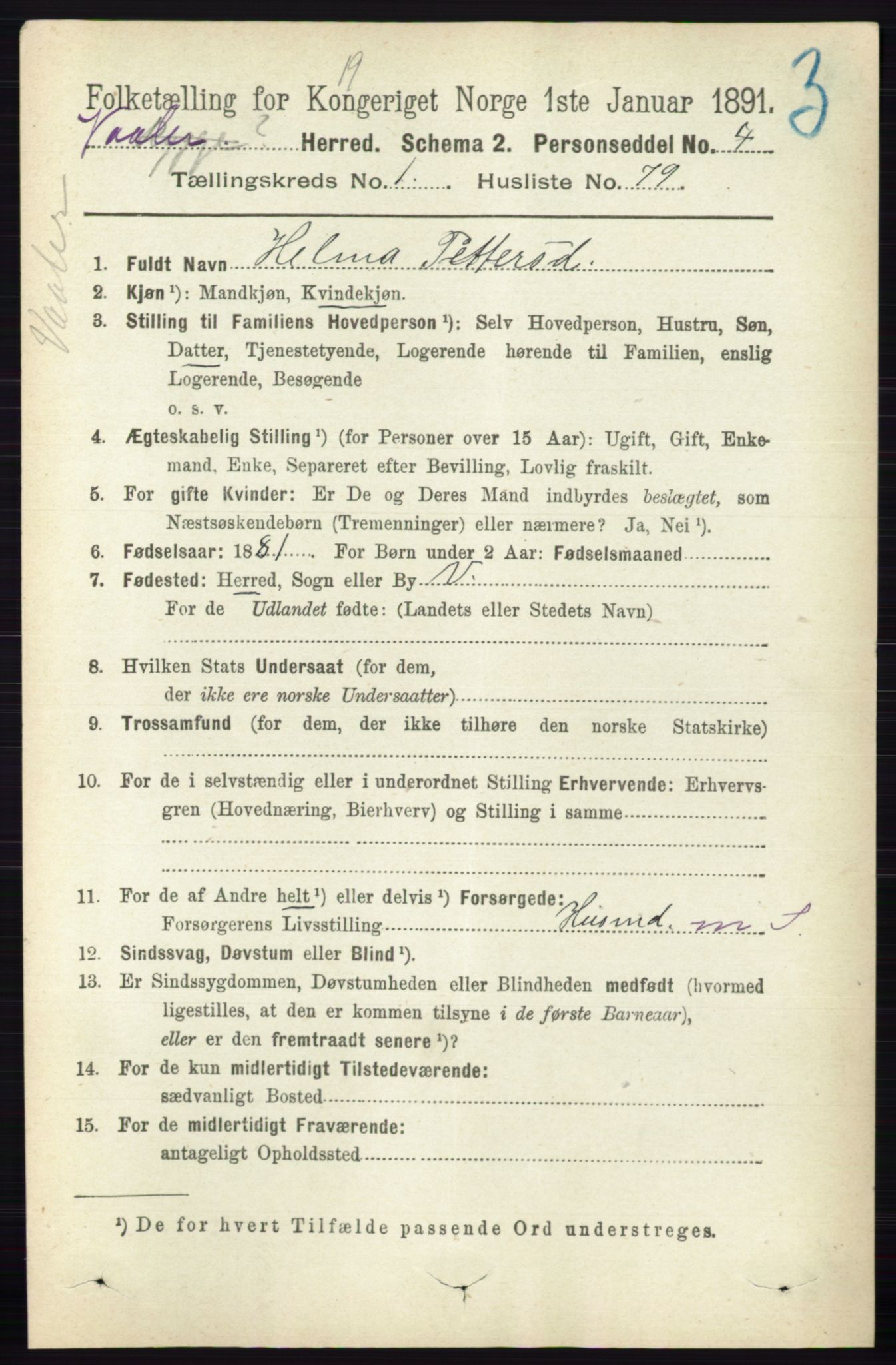 RA, 1891 census for 0137 Våler, 1891, p. 603