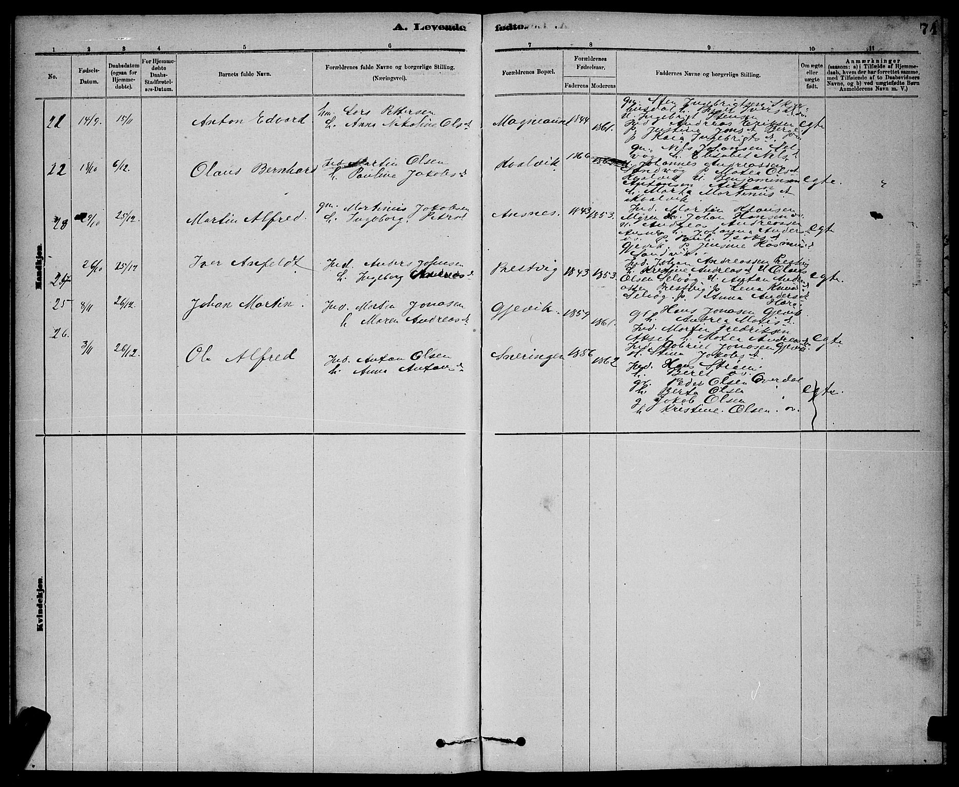 Ministerialprotokoller, klokkerbøker og fødselsregistre - Sør-Trøndelag, AV/SAT-A-1456/637/L0562: Parish register (copy) no. 637C03, 1883-1898, p. 74