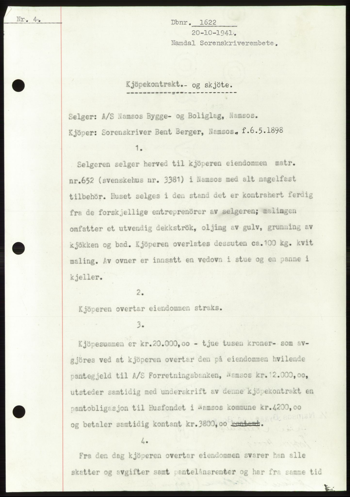 Namdal sorenskriveri, SAT/A-4133/1/2/2C: Mortgage book no. -, 1941-1942, Diary no: : 1622/1941