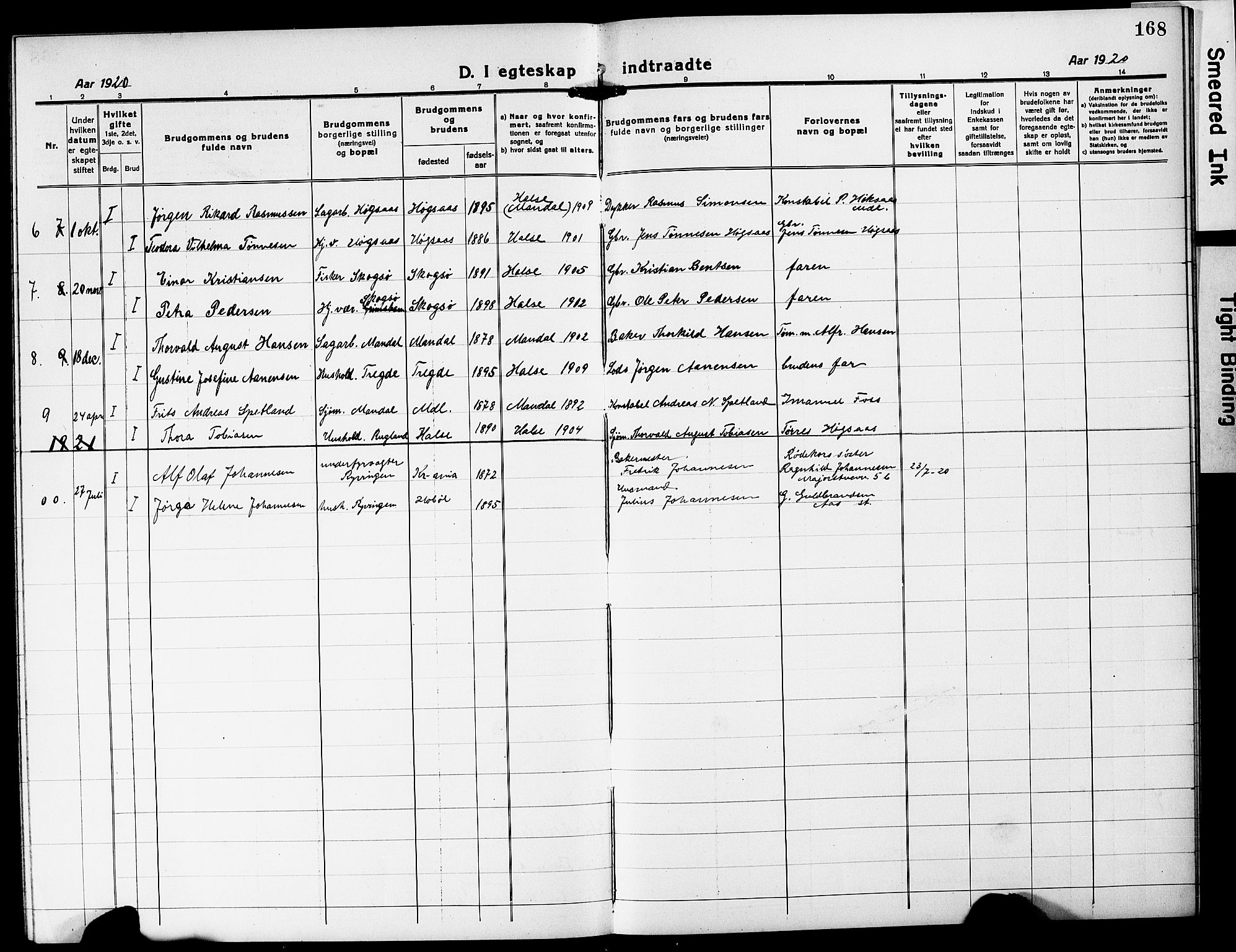 Mandal sokneprestkontor, SAK/1111-0030/F/Fb/Fba/L0013: Parish register (copy) no. B 7, 1918-1931, p. 168