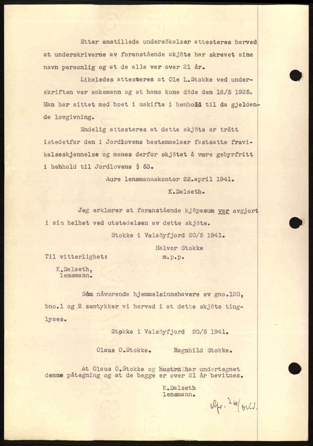 Nordmøre sorenskriveri, SAT/A-4132/1/2/2Ca: Mortgage book no. A90, 1941-1941, Diary no: : 910/1941