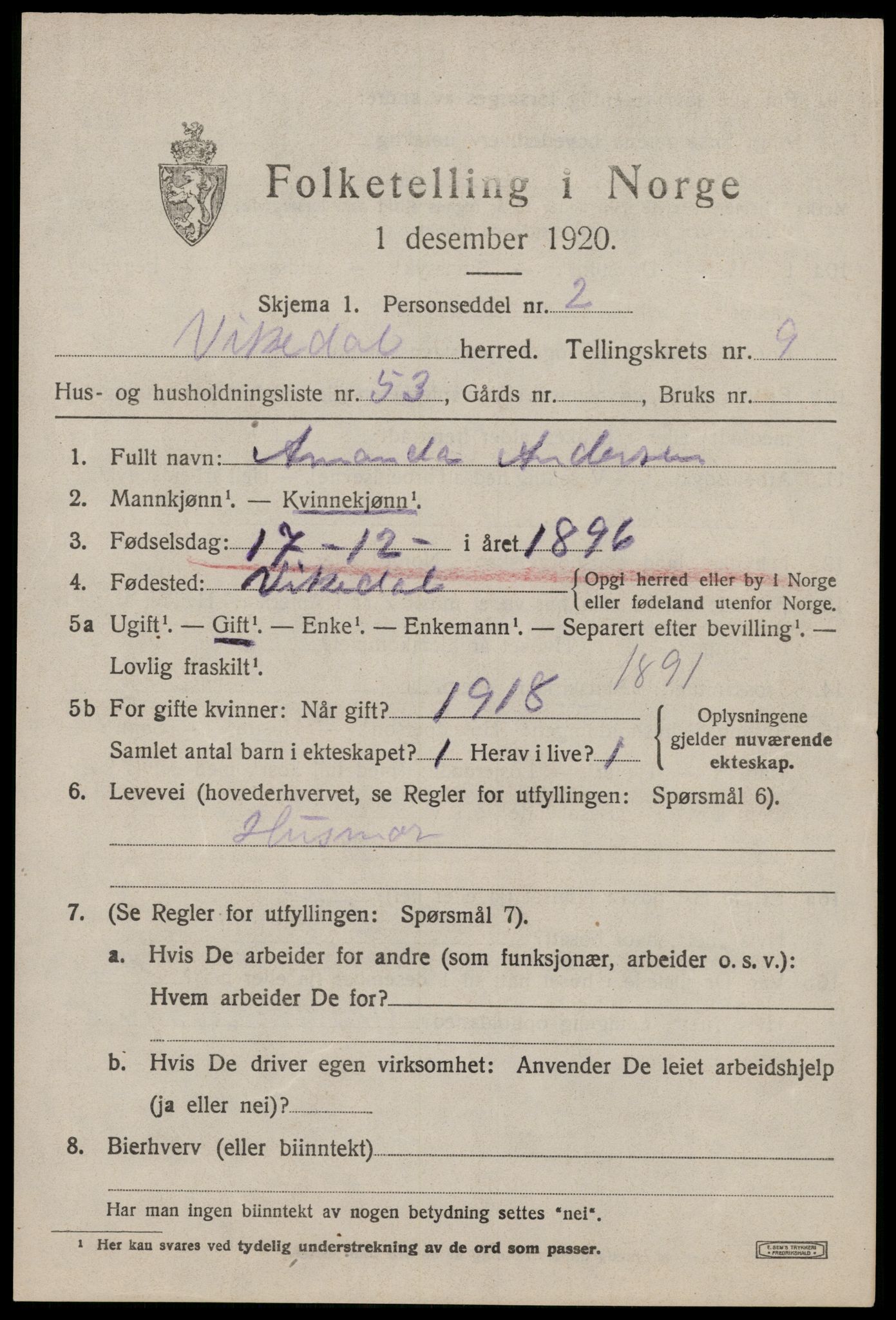 SAST, 1920 census for Vikedal, 1920, p. 3381