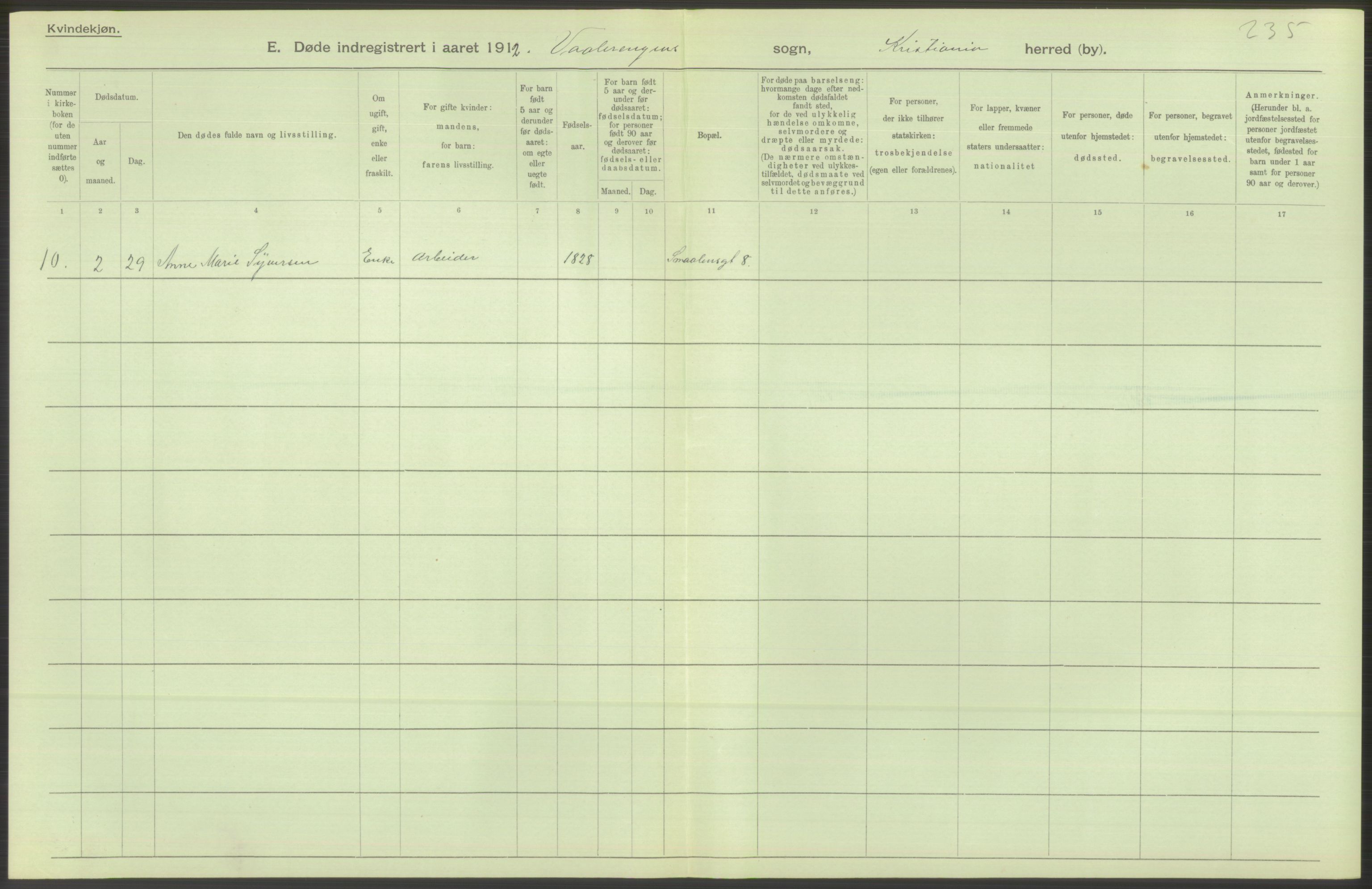 Statistisk sentralbyrå, Sosiodemografiske emner, Befolkning, AV/RA-S-2228/D/Df/Dfb/Dfbb/L0010: Kristiania: Døde, dødfødte, 1912, p. 288